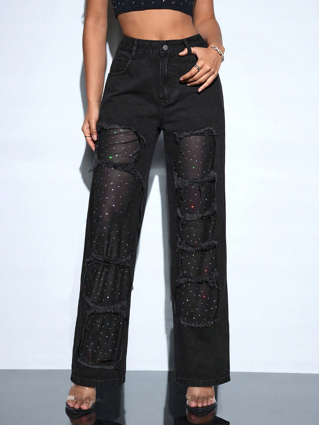 Dámské Volné Černé Džíny S Průsvity, Stylové Na Shein Párty, Velikost 32