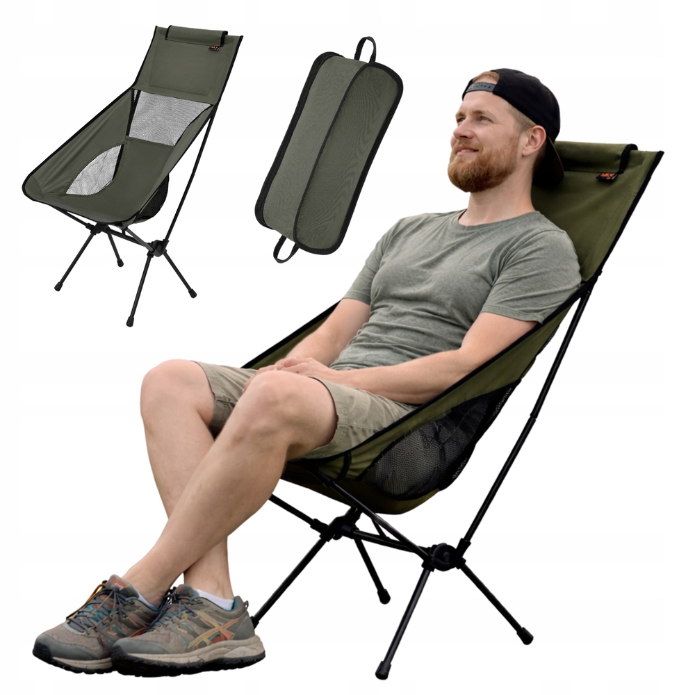 Krzesło Turystyczne Kempingowe Z Oparciem Plażowe Kompaktowe Pokrowiec