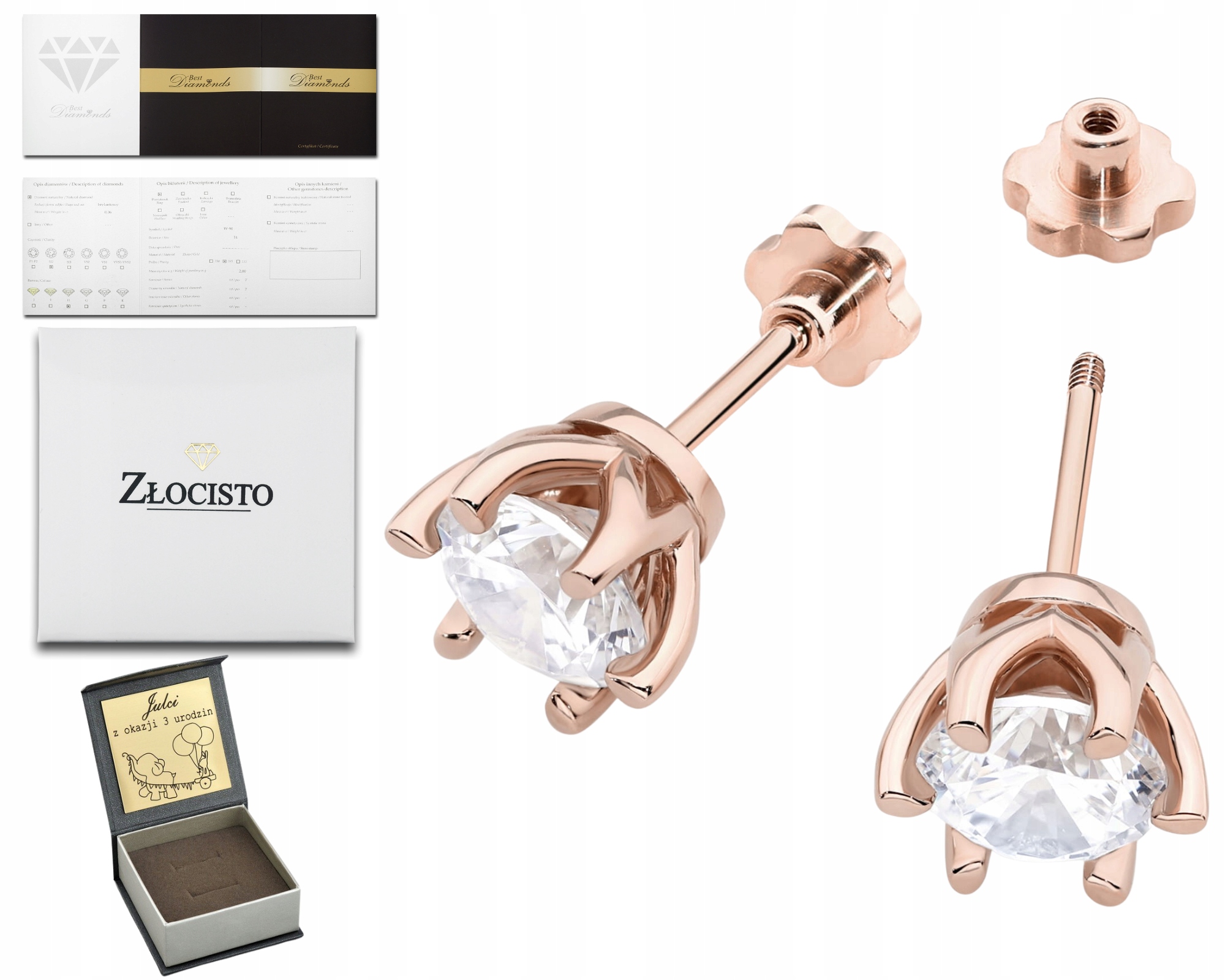 Růžové Zlaté Náušnice S Diamanty 2,00 KArát 585 Gravírování Dárek