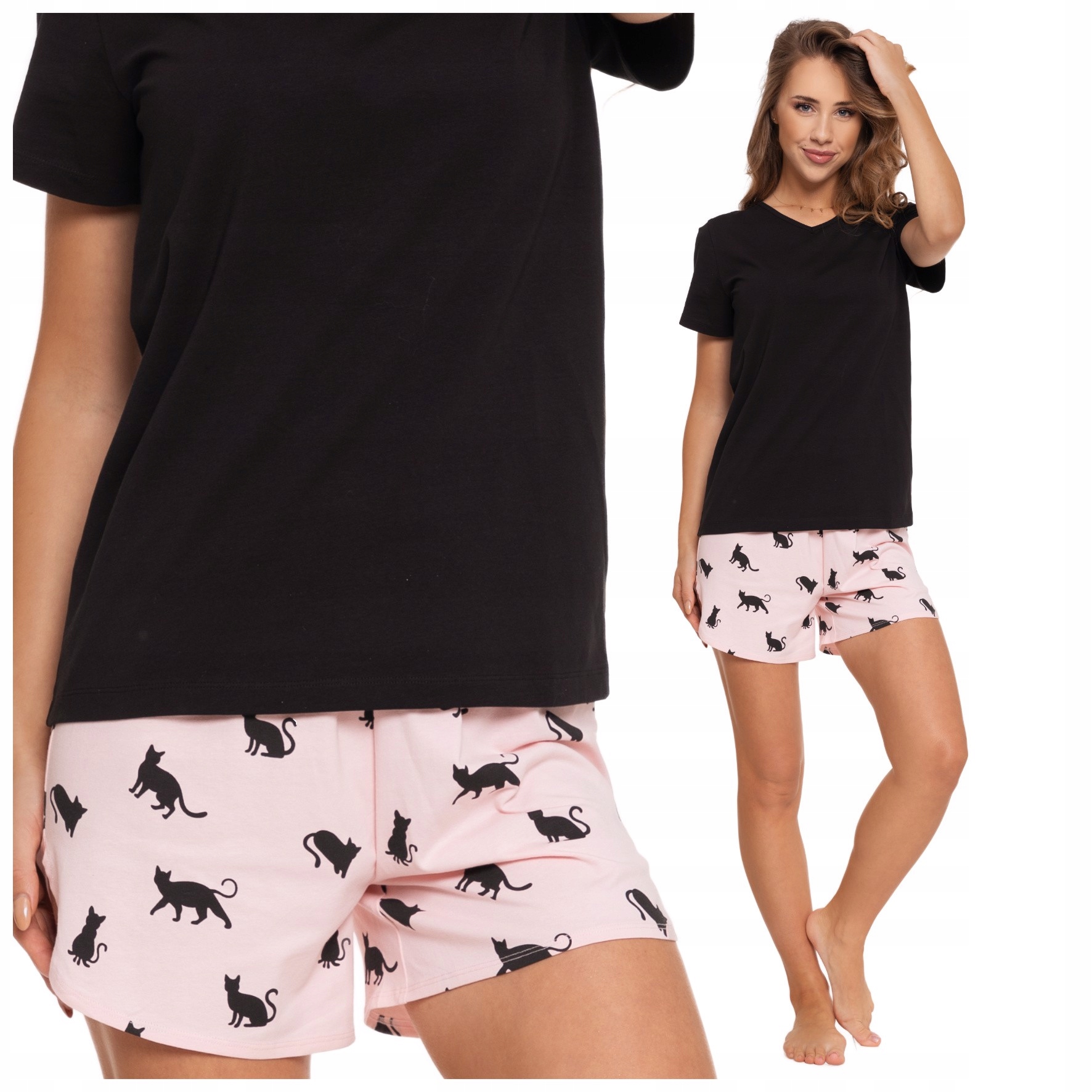 PIŻAMA DAMSKA DWUCZĘŚCIOWA BAWEŁNIANA W KOTKI SPODENKI KRÓTKI RĘKAW MORAJ M