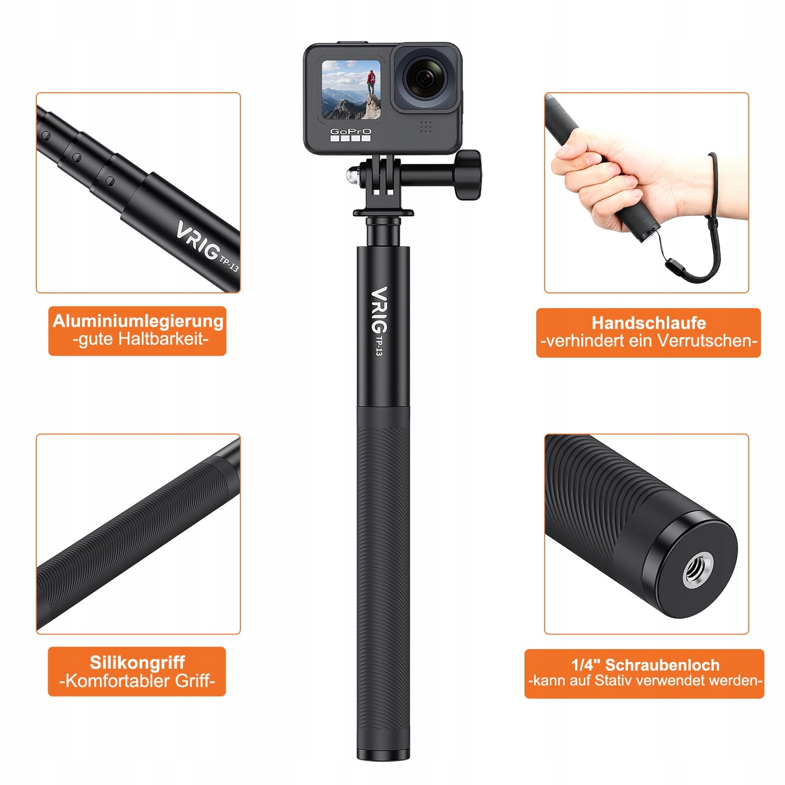 VRIG Selfie Stick 131cm Do INSTA360 GoPro i Smartfonów Czarny — miniatura 2
