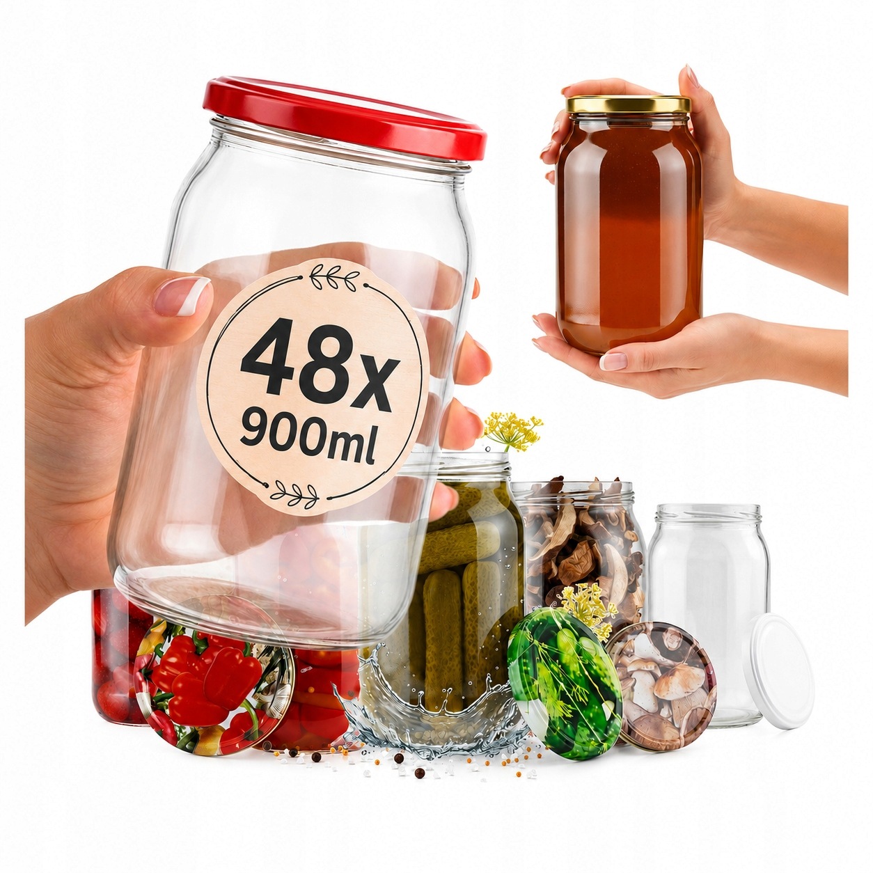 48 x Skleněná zavařovací sklenice 900 ml Sklenice na Med Zavařeniny Okurky Víčko FI82