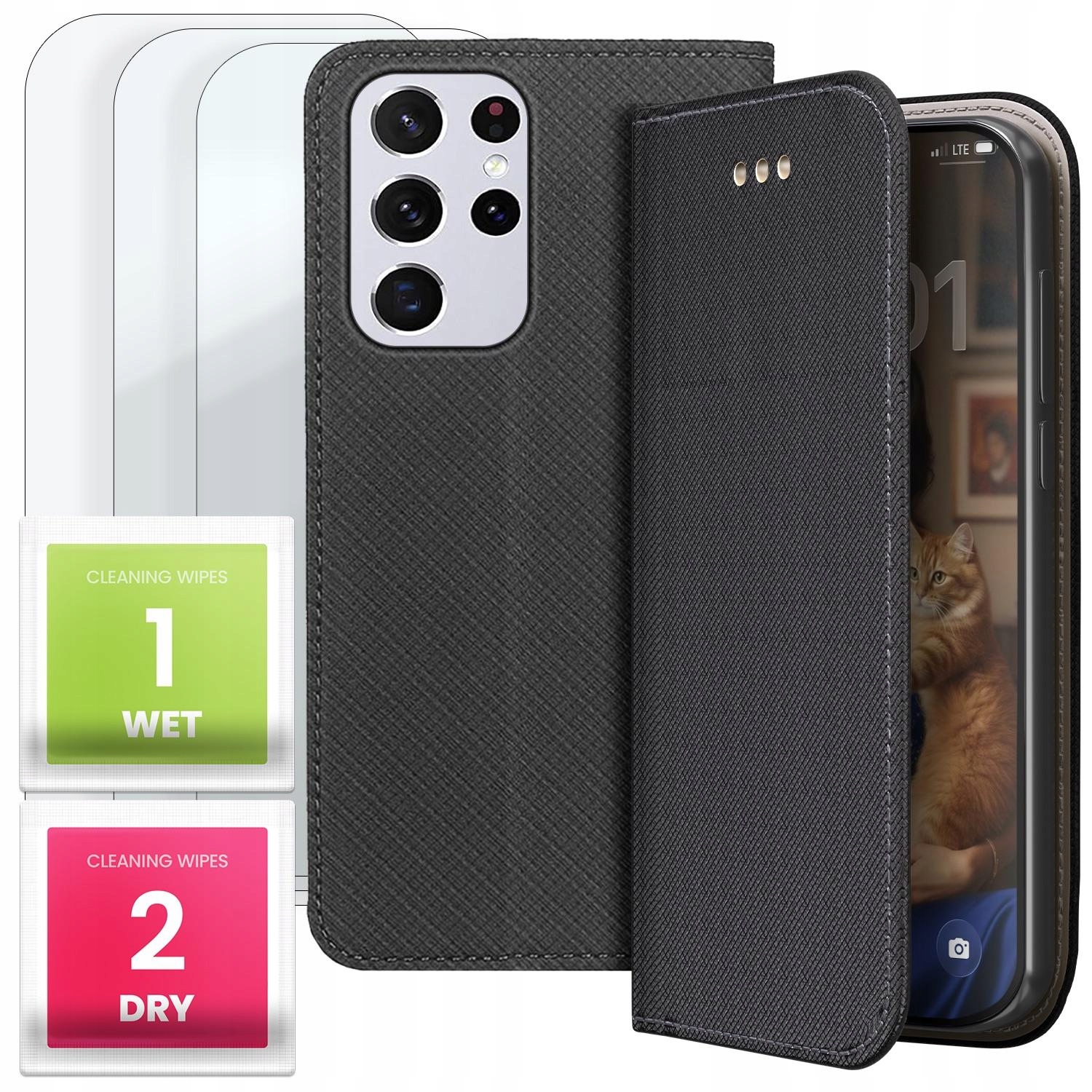 Etui z Klapką 3x Szkło Do Samsung Galaxy S21 Ultra (Czarne, Zamykane, 9H)