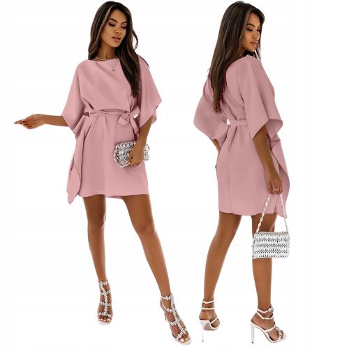 Kobieca Sukienka Nietoperz Wiązanie Oversize Brudny Róż