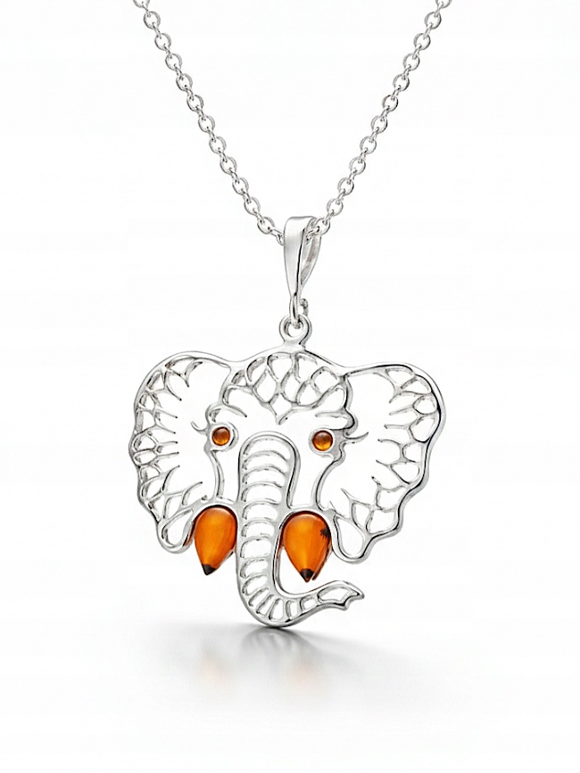 Slon Amulet na štěstí Stříbrný Přívěsek S Jantarem