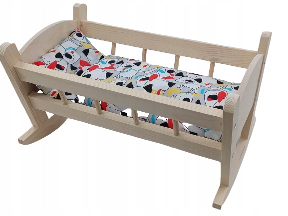 KOŁYSKA DREWNIANA dla lalek NIEMALOWANA + POŚCIEL