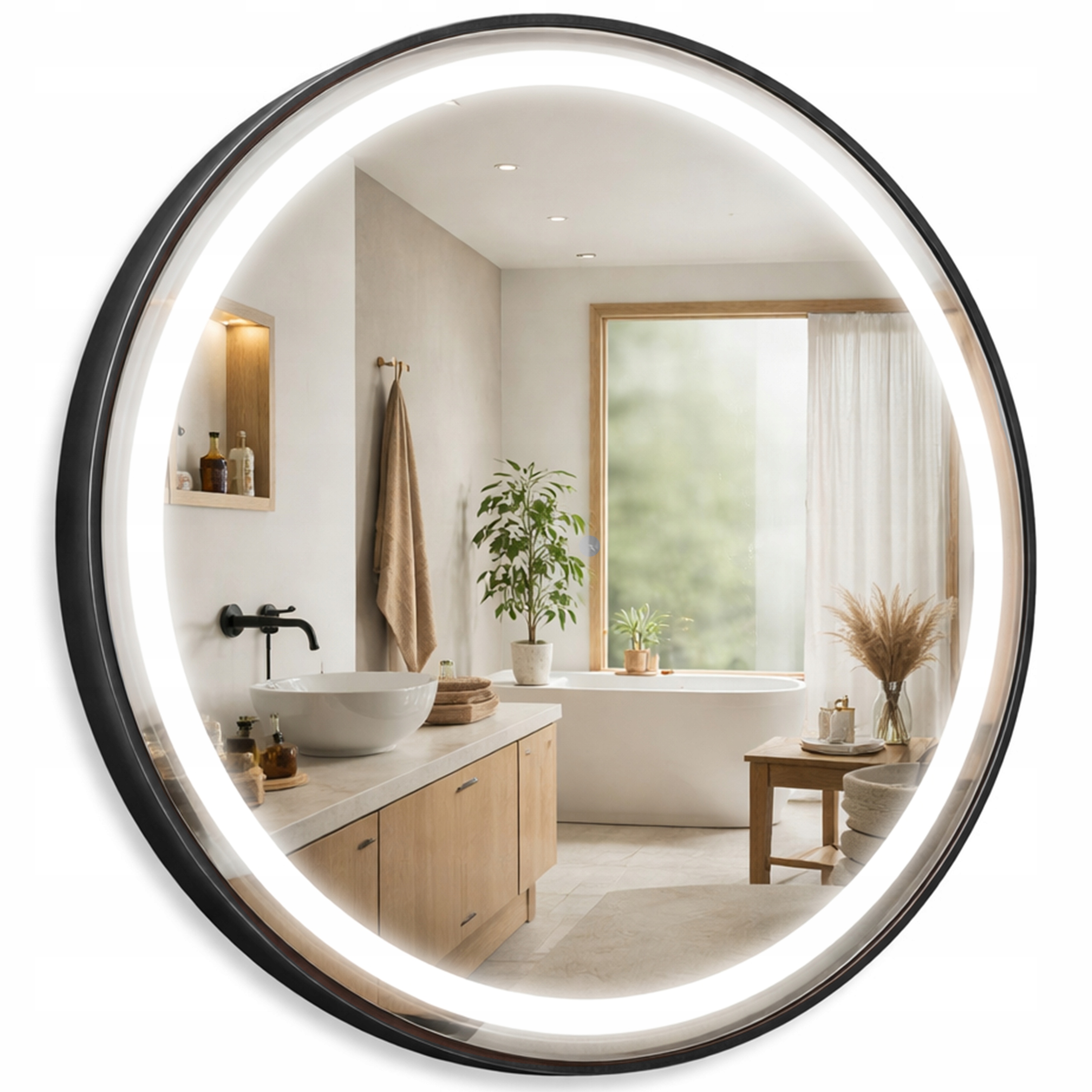 Okrúhle Zrkadlo 120x120 Čierny Hliníkový Podsvietený Rám Loft Dekoratívny