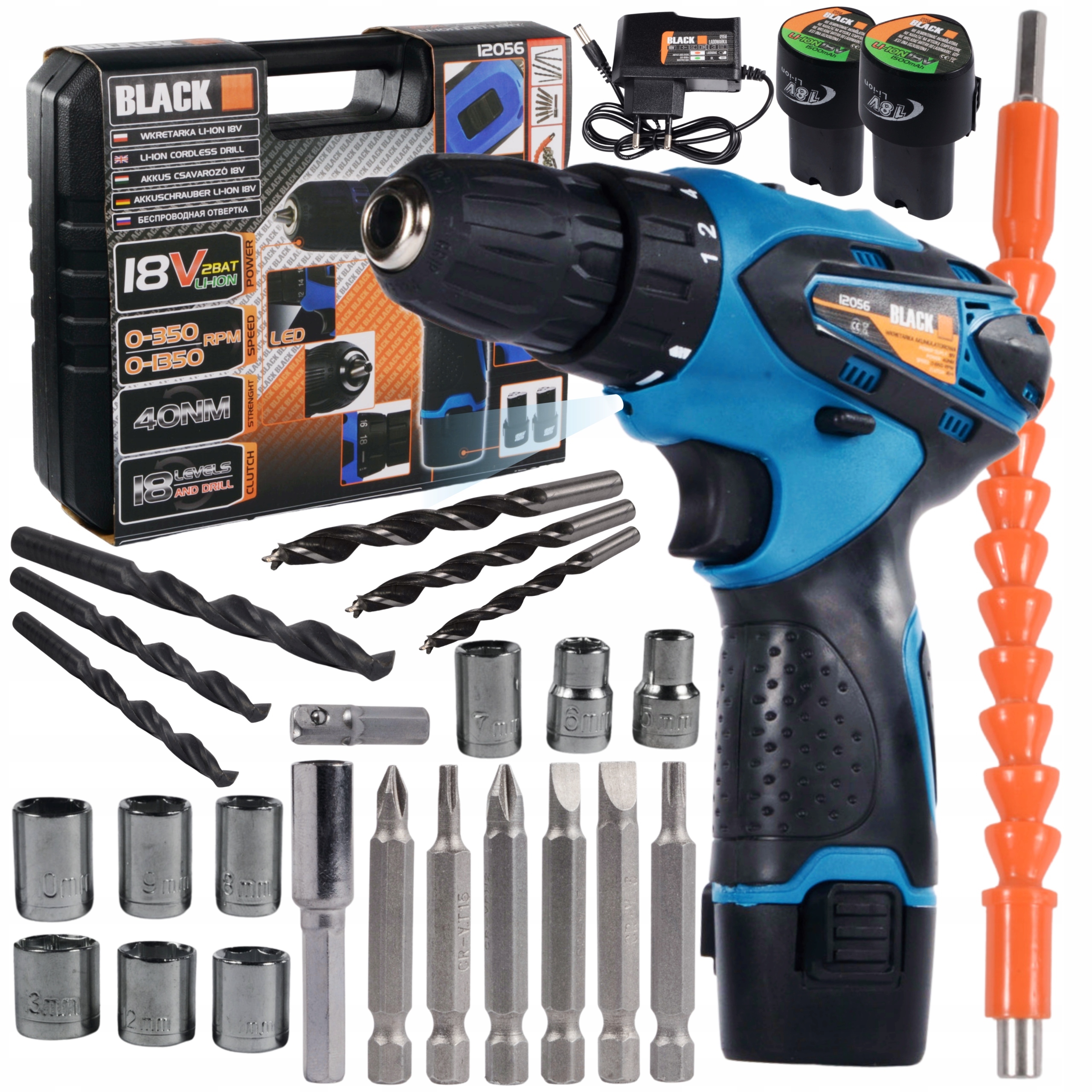 WKRĘTARKA BEZPRZEWODOWA 18 V 2xBATERIA BLACK AKCESORIA