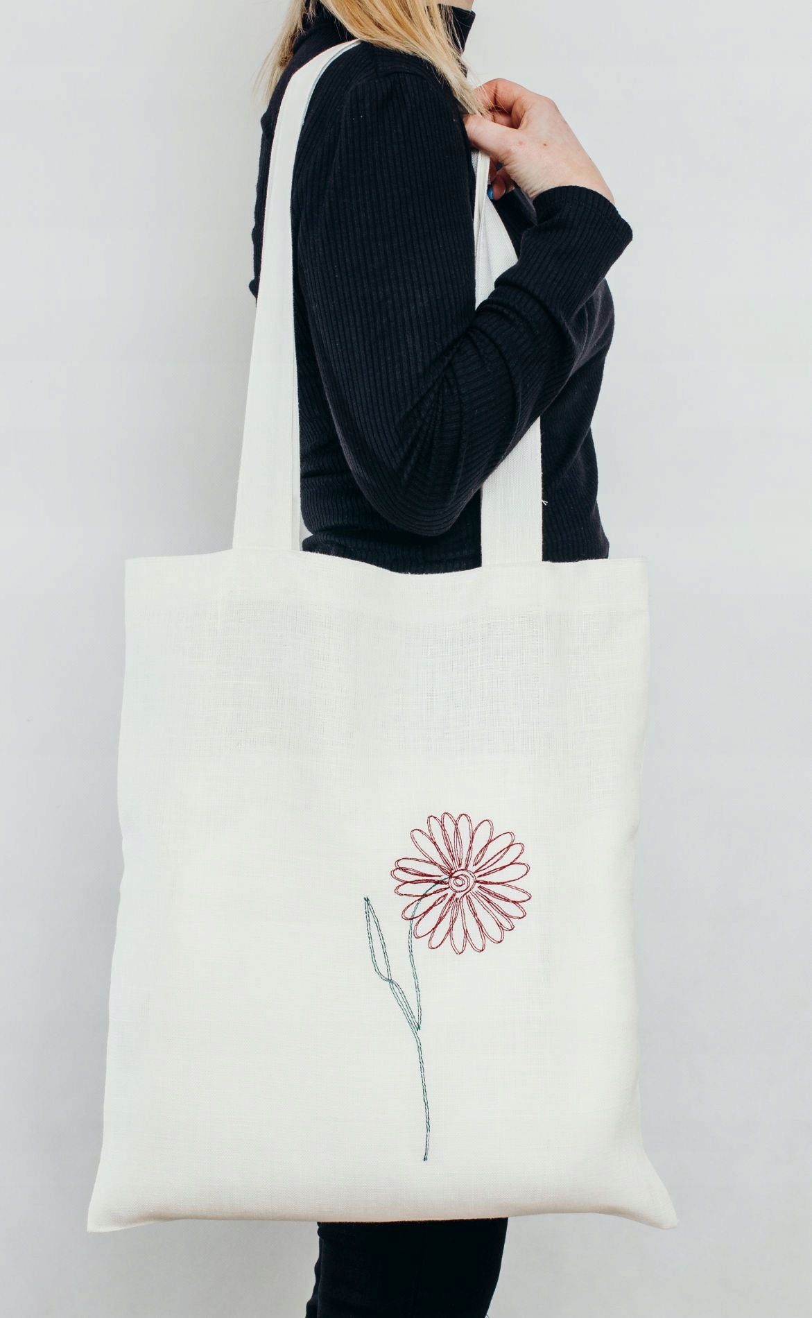 Torba lniana z kieszonką zakupowa haft Margaretka