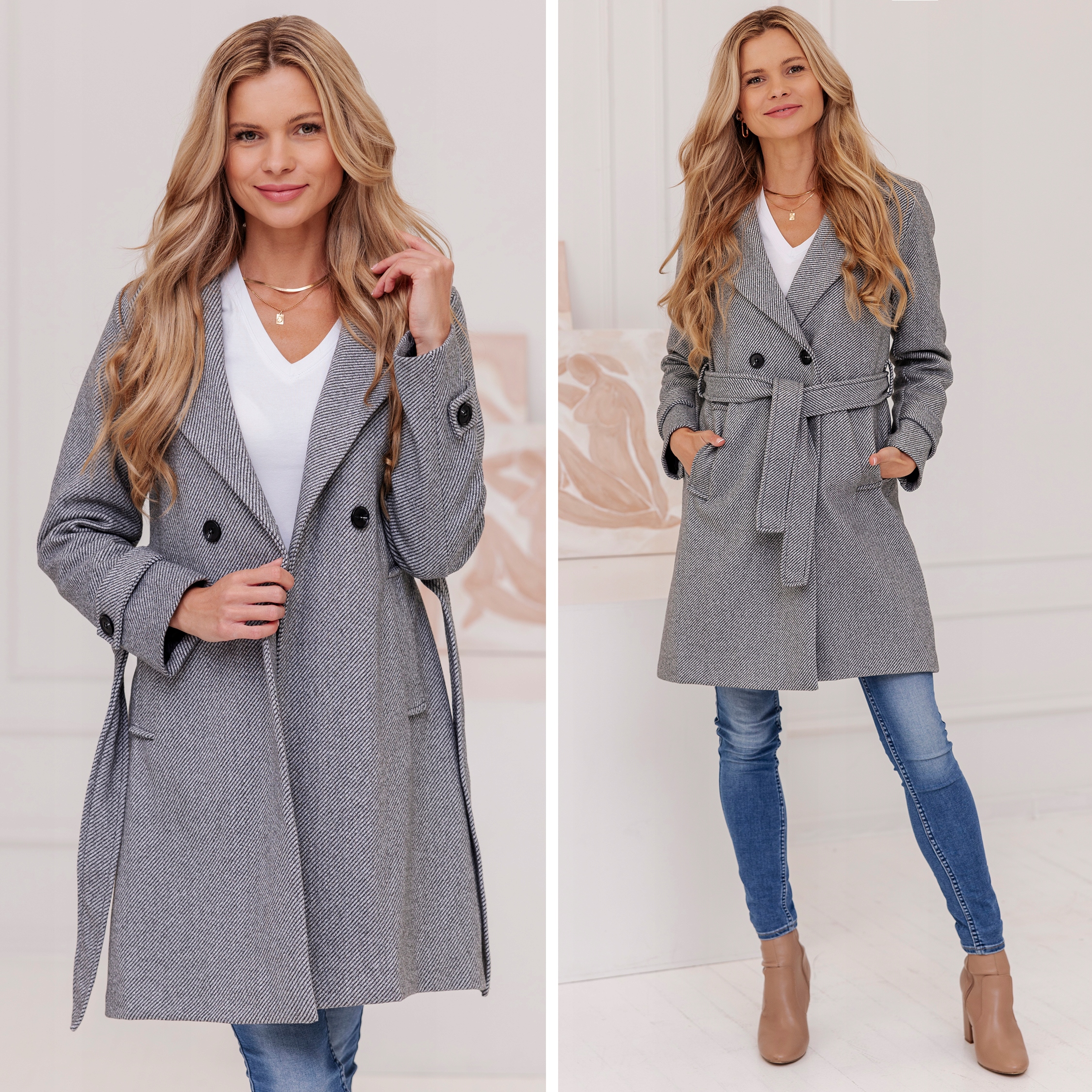 PRĄŻKOWANY PŁASZCZ Z PASKIEM PRZEJŚCIOWY JESIENNY ZIMOWY DAMSKI Z WEŁNĄ XXL Model przejściowy płaszcz z paskiem jesienny zimowy