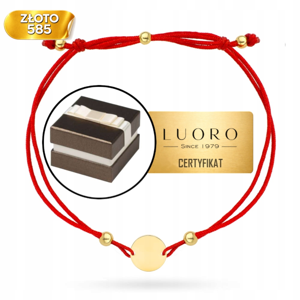 Náramek Zlatý 585 14K Kolečko Kuličky Červená Nastavitelná Šňůrka 20 CM