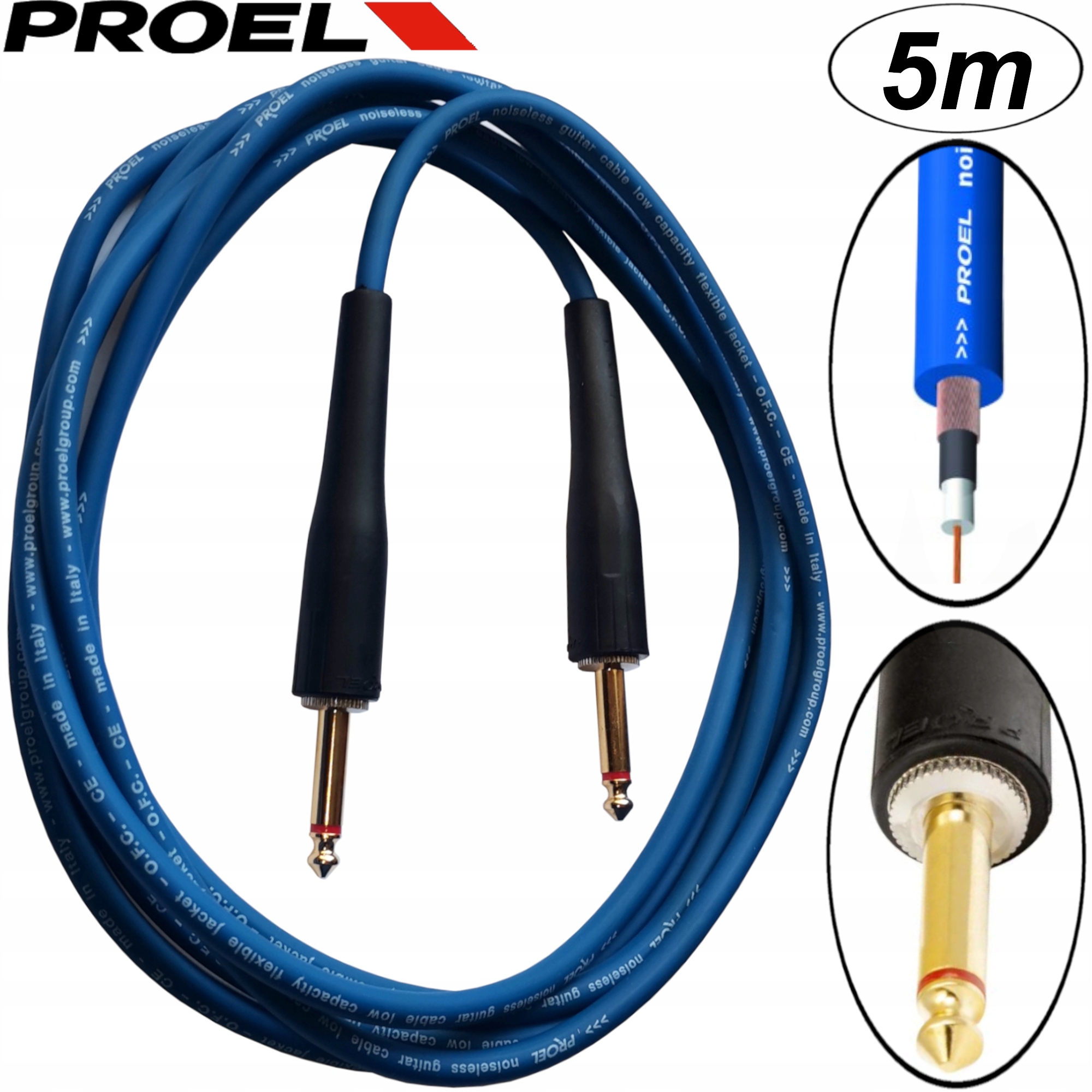 Gitar-Kolor 5 m niebieski przewód instrumental 2xJackM złocone złącza Proel