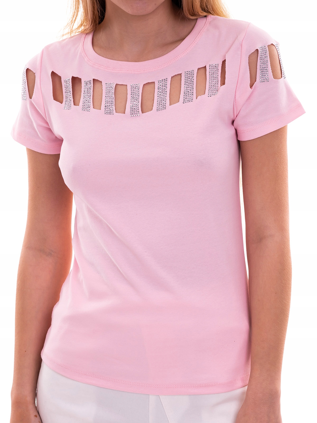 

Bluzka damska krótki rękaw wycięcia róż jasny L/XL