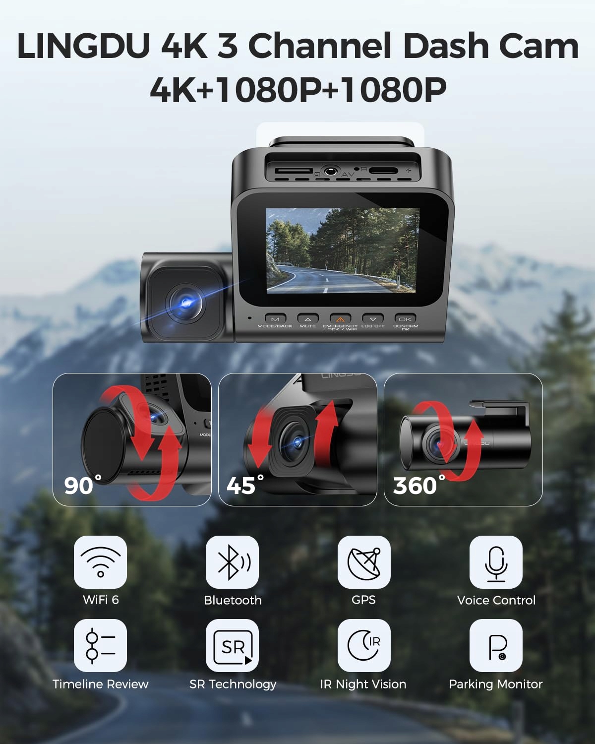 LINGDU Kamera Samochodowa 4K 3 Kanały Przód Tył Wnętrze WiFi GPS — miniatura 2