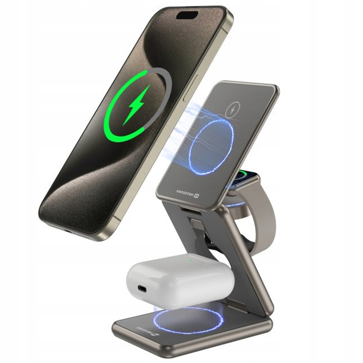 Swissten 3v1 23W skládací bezdrátová hliníková nabíječka MagSafe pro Apple