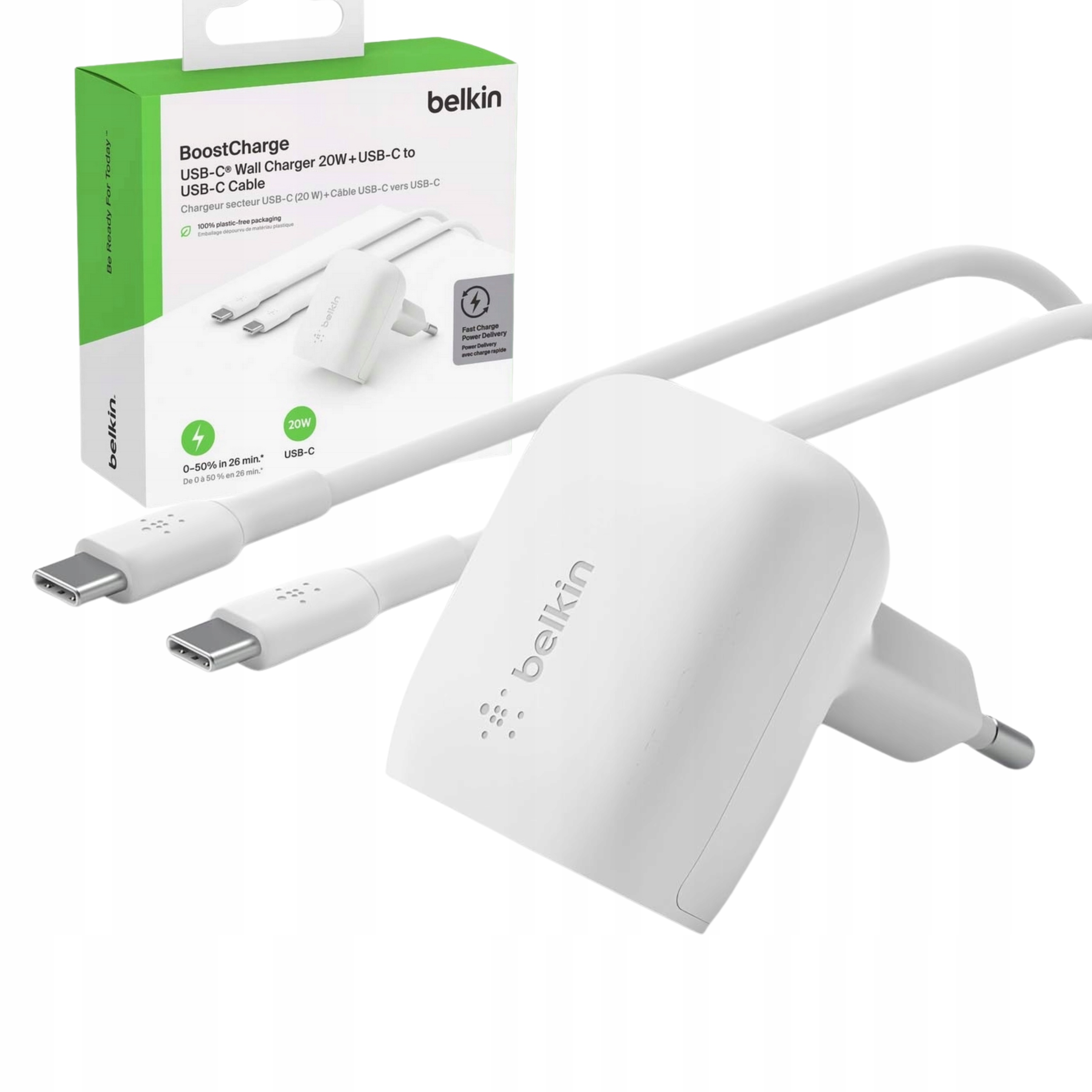Ładowarka sieciowa 1xUSB-C 20W kabel Usb-c 1M Belkin biały