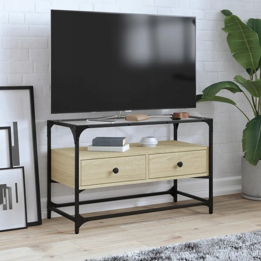 vidaXL Szafka pod Tv ze szklanym blatem, dąb sonoma, 80x35x51 cm