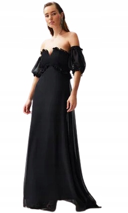Trendyol Czarna Długa Sukienka Z Odkrytymi Ramionami I Falbanką 36 5AB