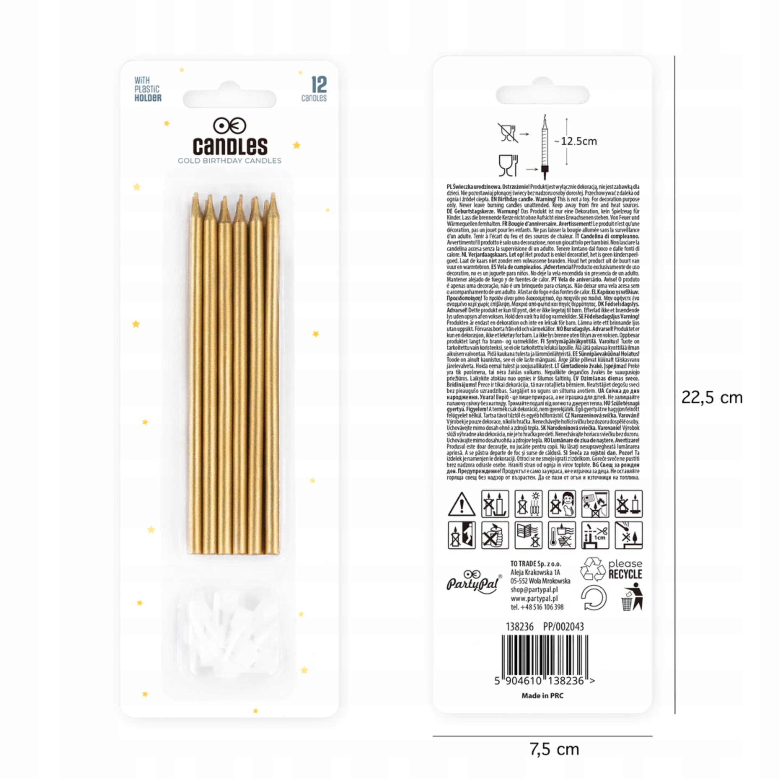 ŚWIECZKI NA TORT URODZINOWE Długie z podstawkami ZŁOTE 13,5cm 12 SZTUK Marka PartyPal