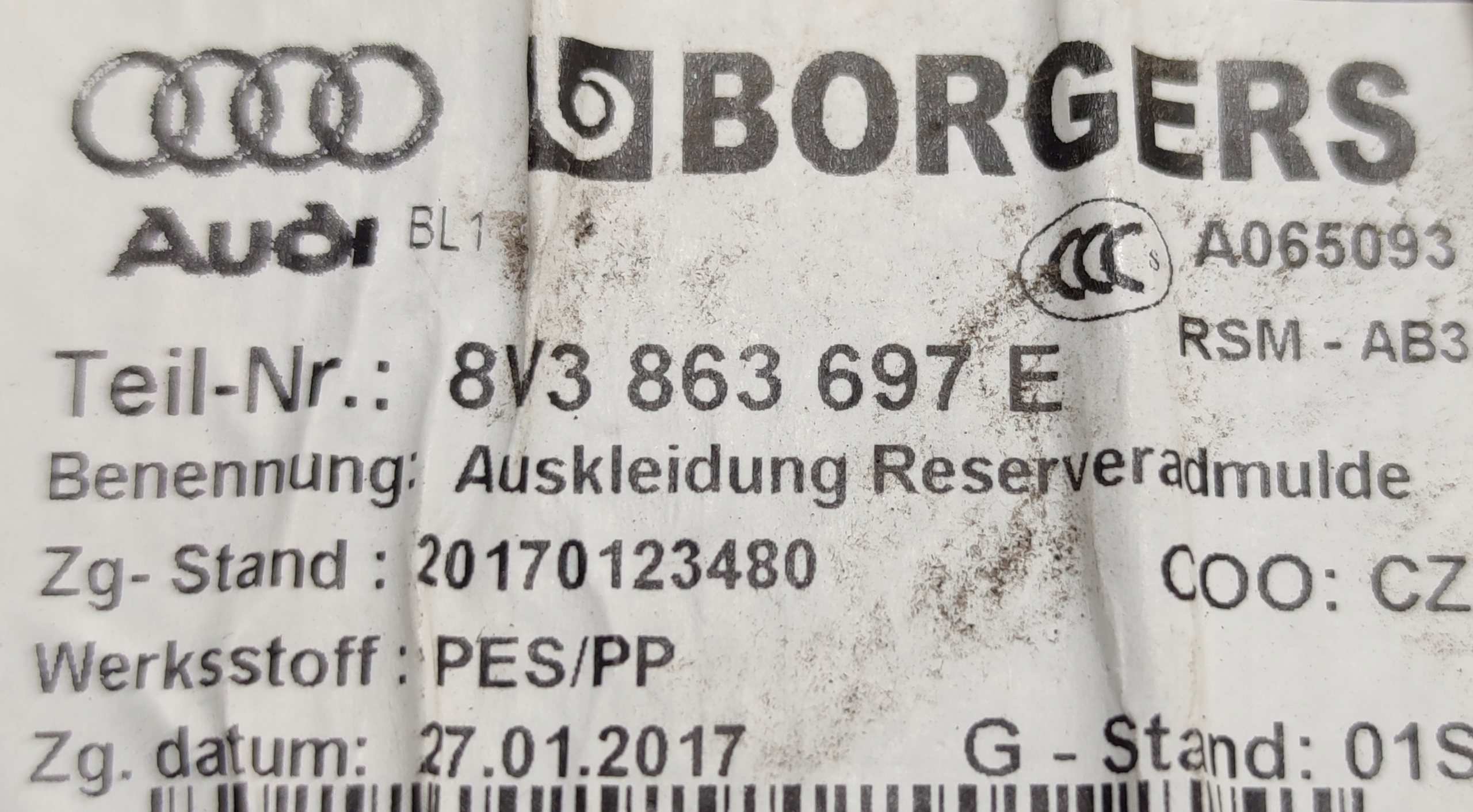AUDI A3 S3 8V3 mats boot 8V3863697E