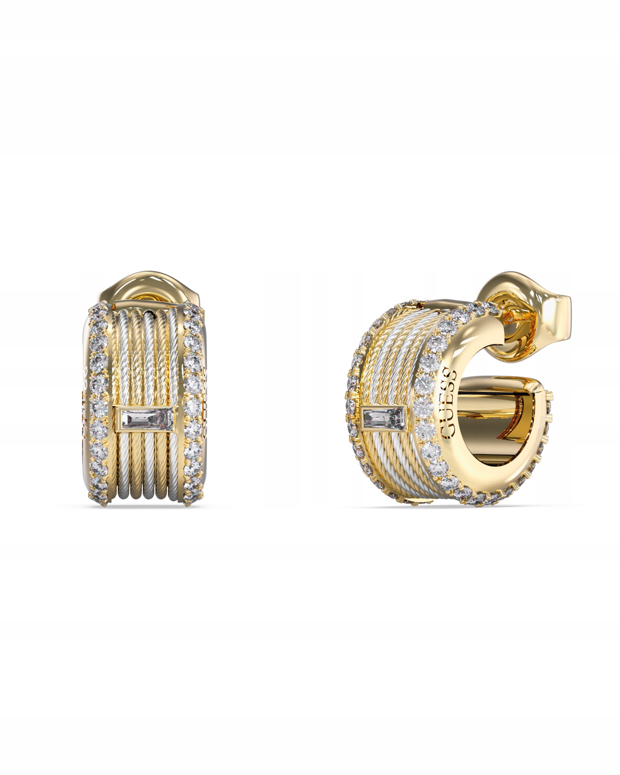 Náušnice Guess Kalybe půlkruhové, pozlacené, Ocel bílé, s Zirkon a logem.