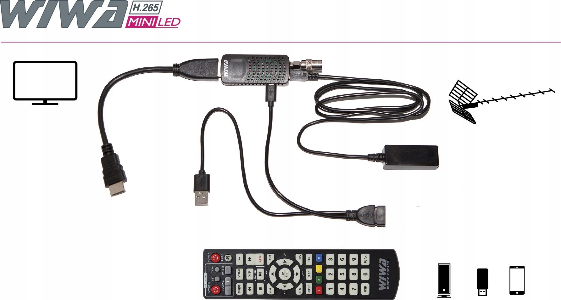 Tuner DVB-T2 Wiwa Mini dekoder tv naziemnej H.265 Złącza HDMI micro USB USB złącze antenowe