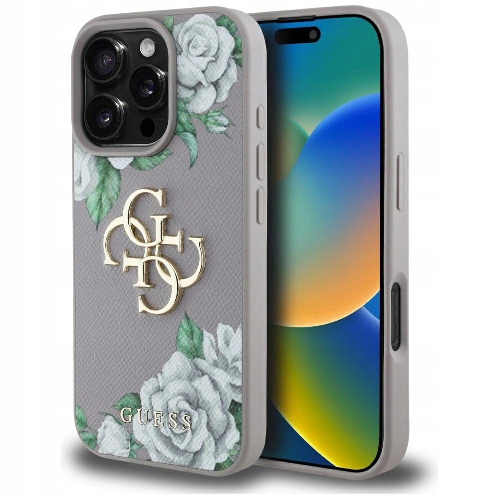 Pouzdro Guess Grained Roses Big 4G s logem na iPhone 16 Pro fialové