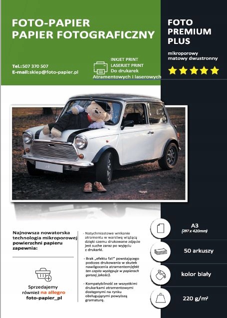 

Papier Fotograficzny Matowy A3 220 g/m2 50 szt