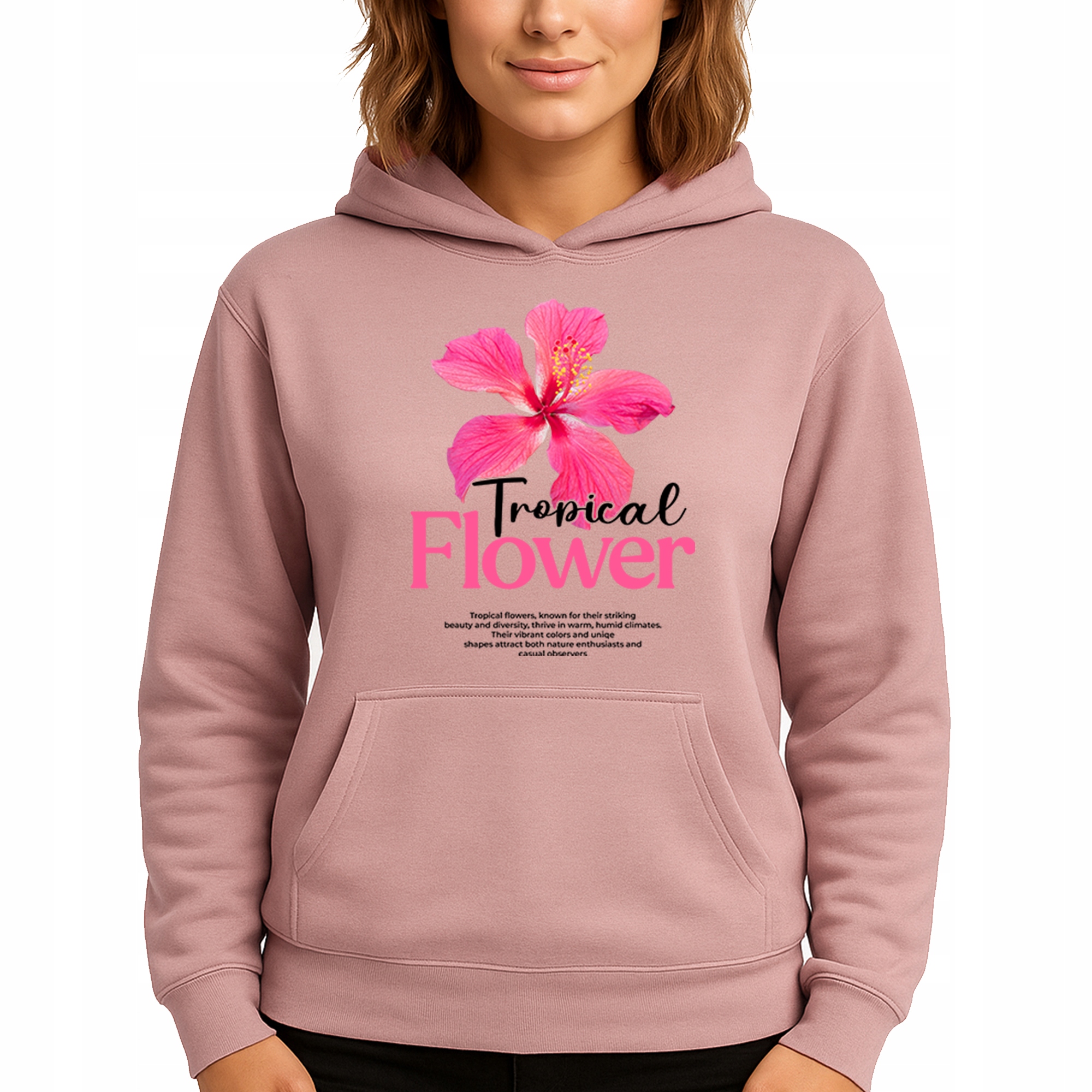 Mikina S Kapucí Hoodie Dusty Pink Bavlněná Módní Tropical Flower Vel M
