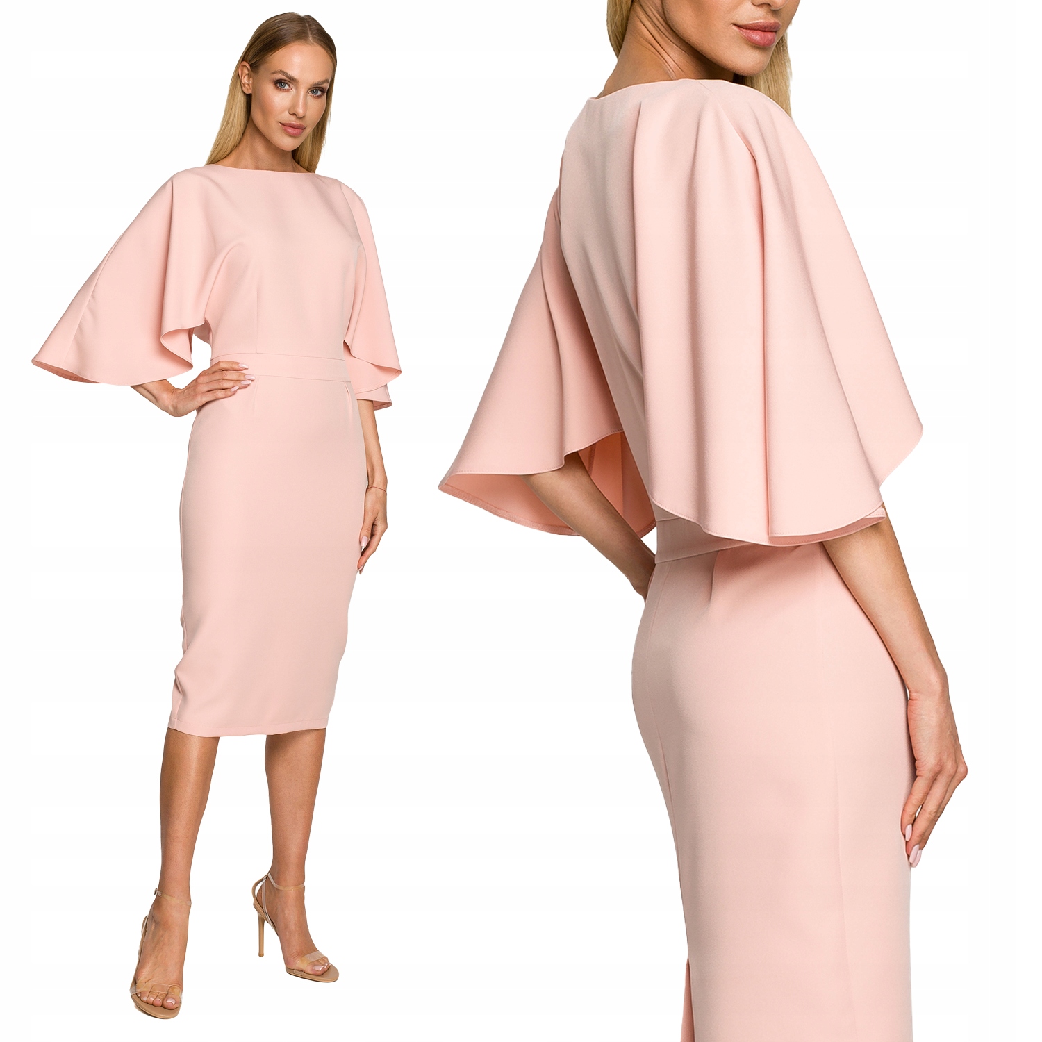 KOBIECA SUKIENKA WIECZOROWA DAMSKA MIDI KIMONOWE RĘKAWY PUDROWA 38 M