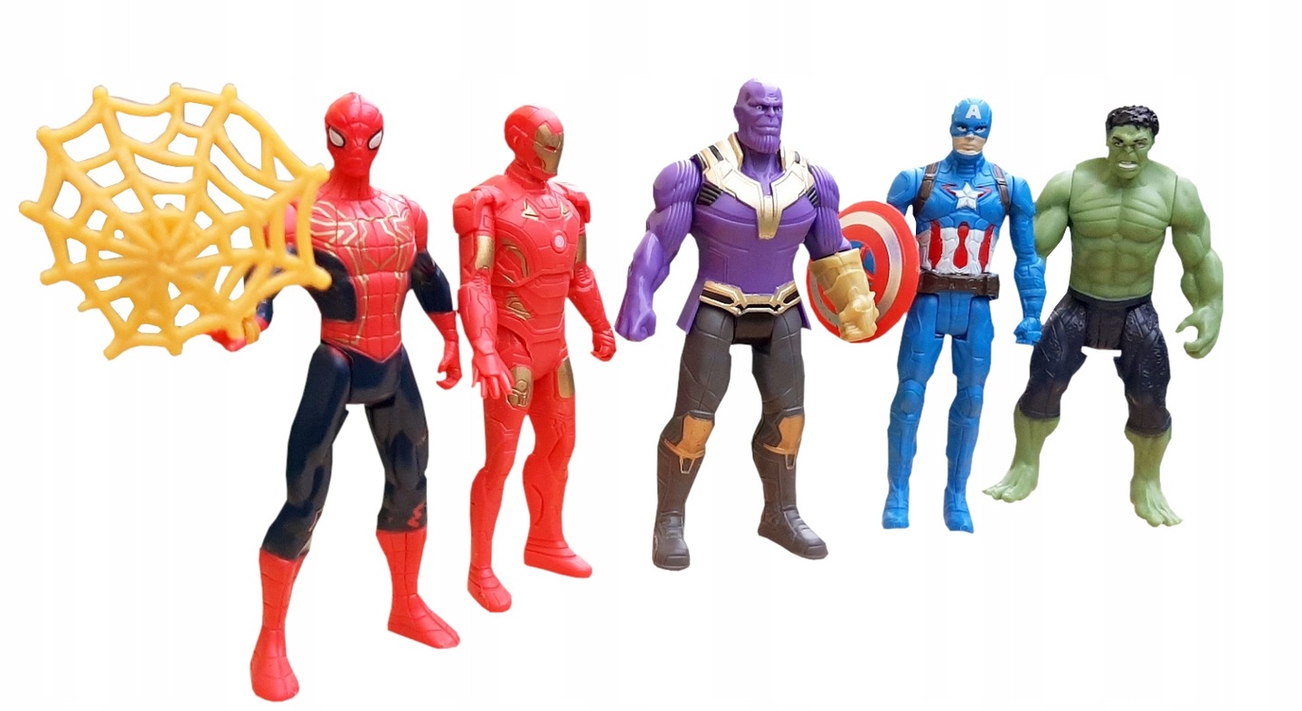 ZESTAW 5 FIGURK AVENGERS AKCESORIA HULK IRON SPIDERMAN THANOS AMERYKA 12CM Marka inna
