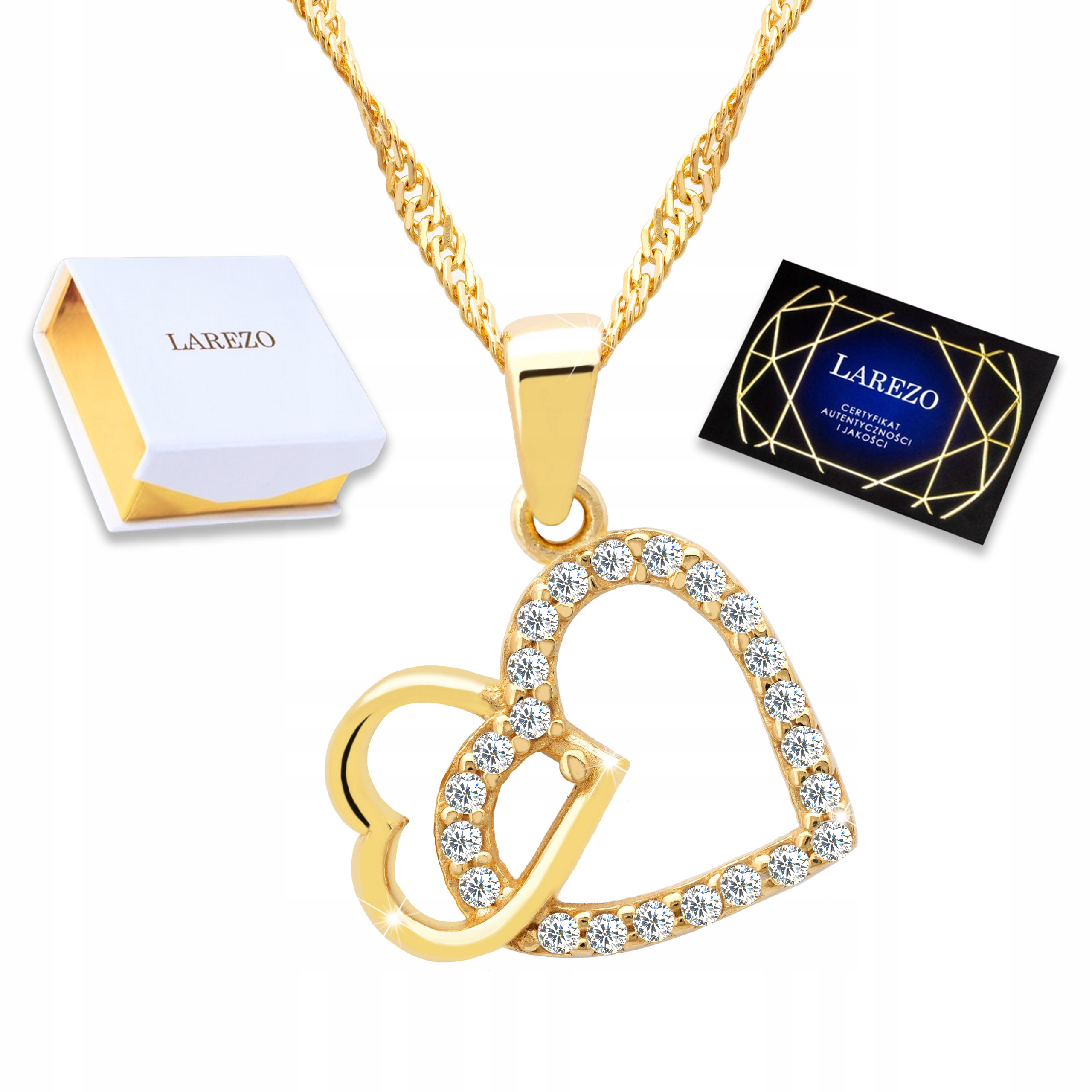 Zlatý náhrdelník Dvě srdce Láska Zirkony Pár Srdíčko Stříbro 925