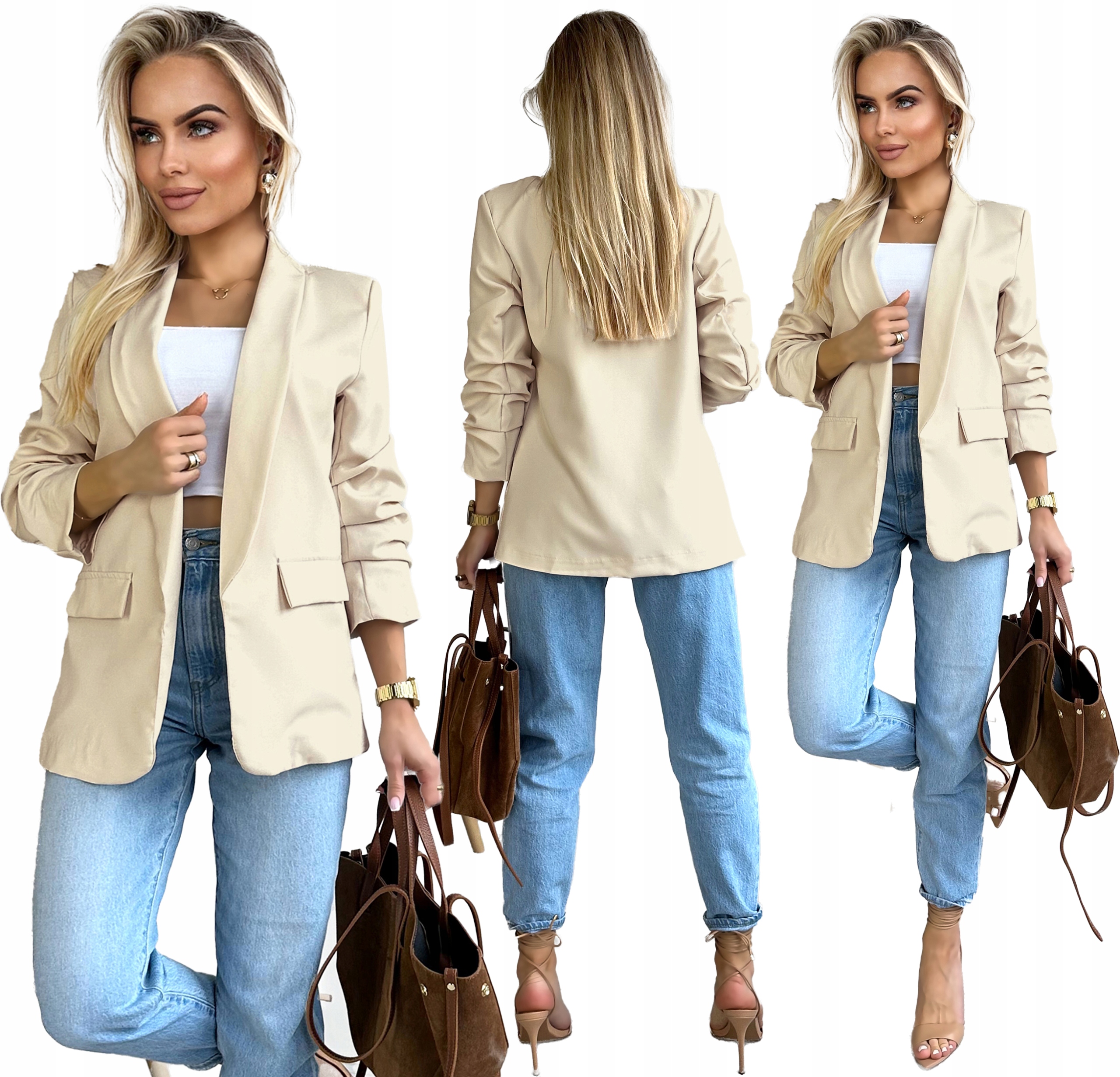 Ciepły beż Marynarka Damska Żakiet drapowane rękawy 50 Plus Size