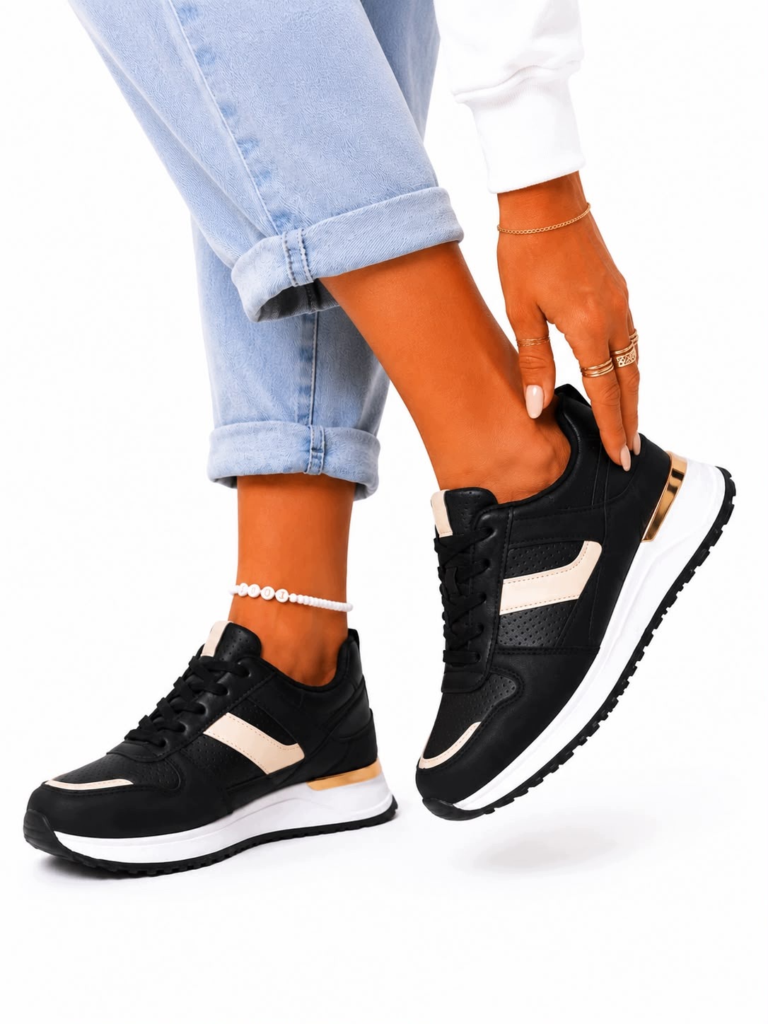 Damskie Sneakersy Czarne Beżowe Sportowe Lekkie Sznurowane Casual