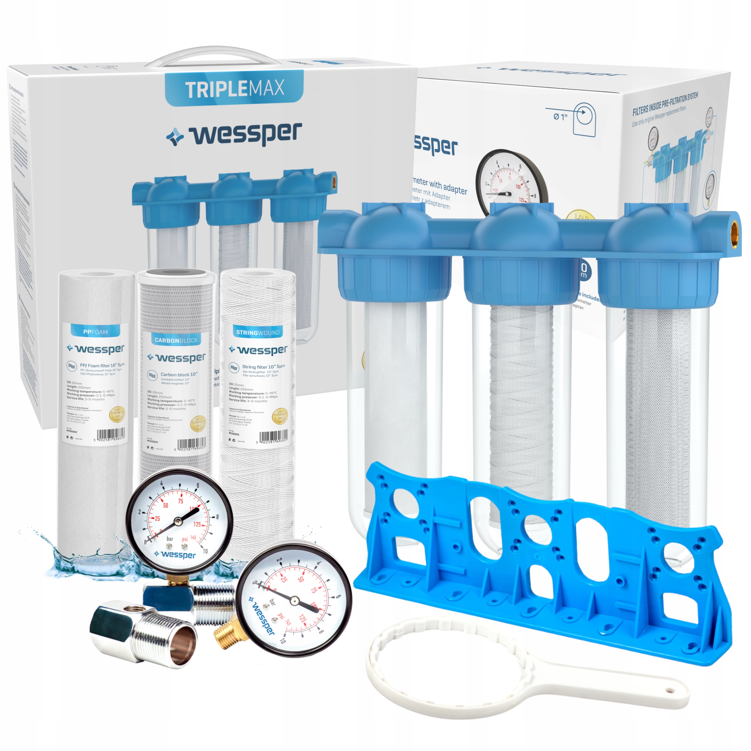 Předfiltr vody pro celý dům 3-stupňový 1" 6 náplní 2x tlakoměr