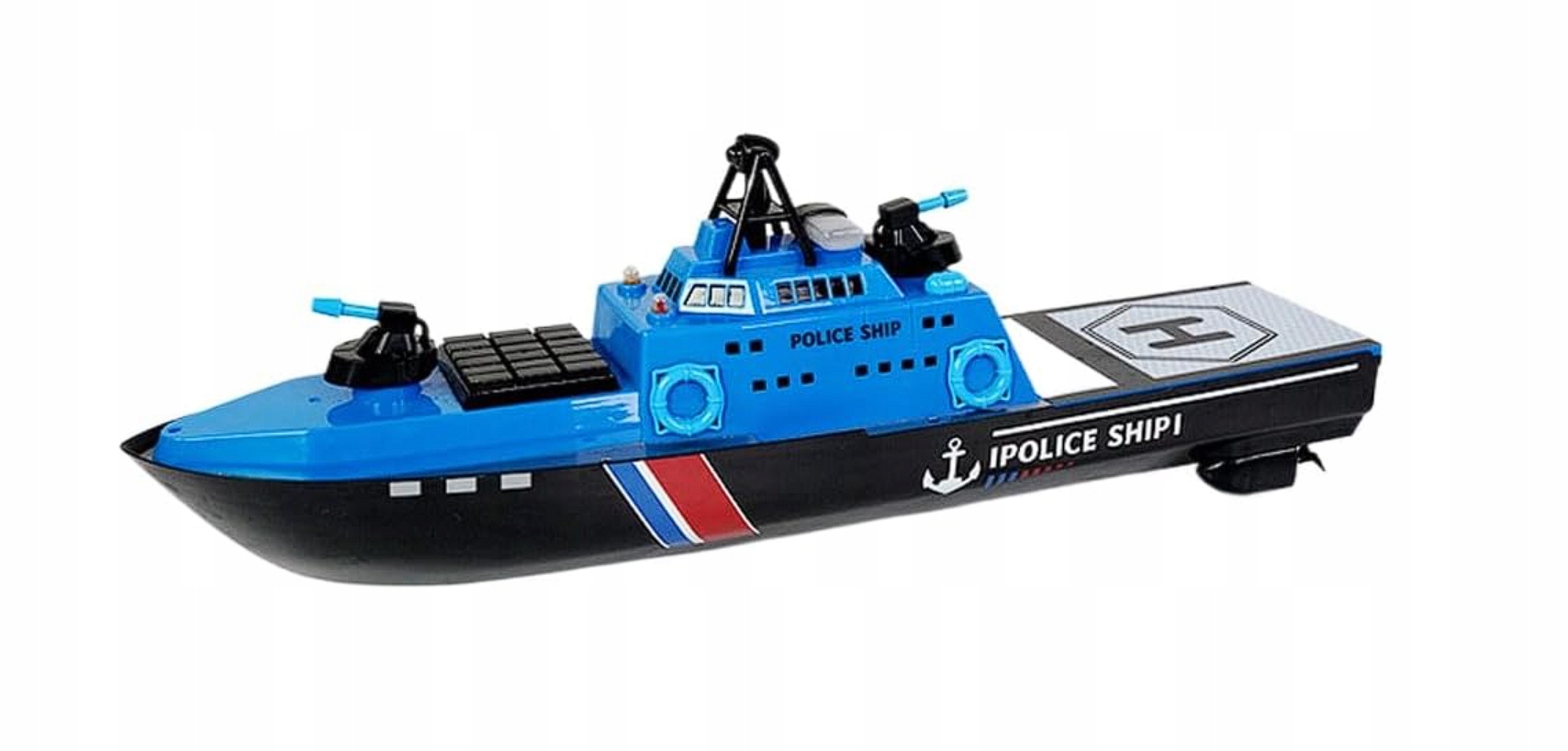 ZABAWKA ZDALNIE STEROWANA ŁÓDŹ STATEK POLICYJNA PŁYWA ŚWIECI STRZELA WODĄ