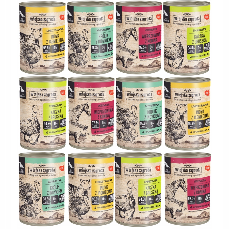 Wiejska Zagroda Karma mokra dla psa dorosłego MIX Smaków 12x400g bezzbożowa