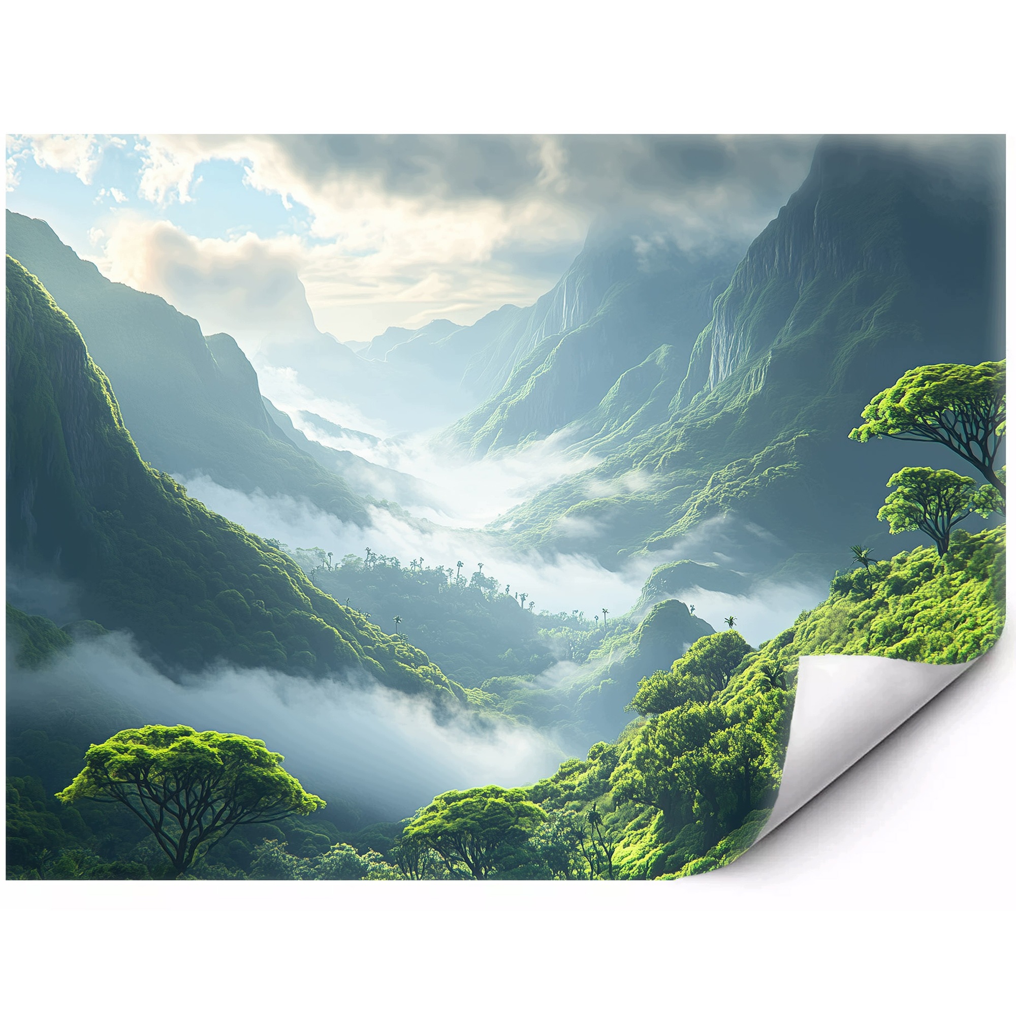 Fototapeta Premium Zielona górska kraina skąpana w mgłach 350x250 cm