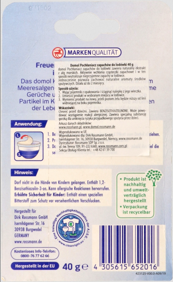 POCHŁANIACZ NEUTRALIZATOR ZAPACHÓW DO LODÓWKI DOMOL 40G. Marka Domol