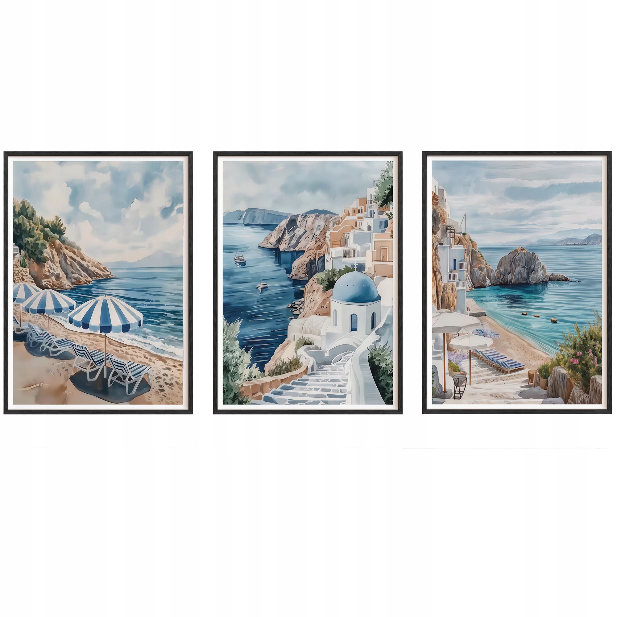 Obrazy Grécko Santorini Pláž Plagáty Drevené rámy Čierne 3ks 30x42 cm