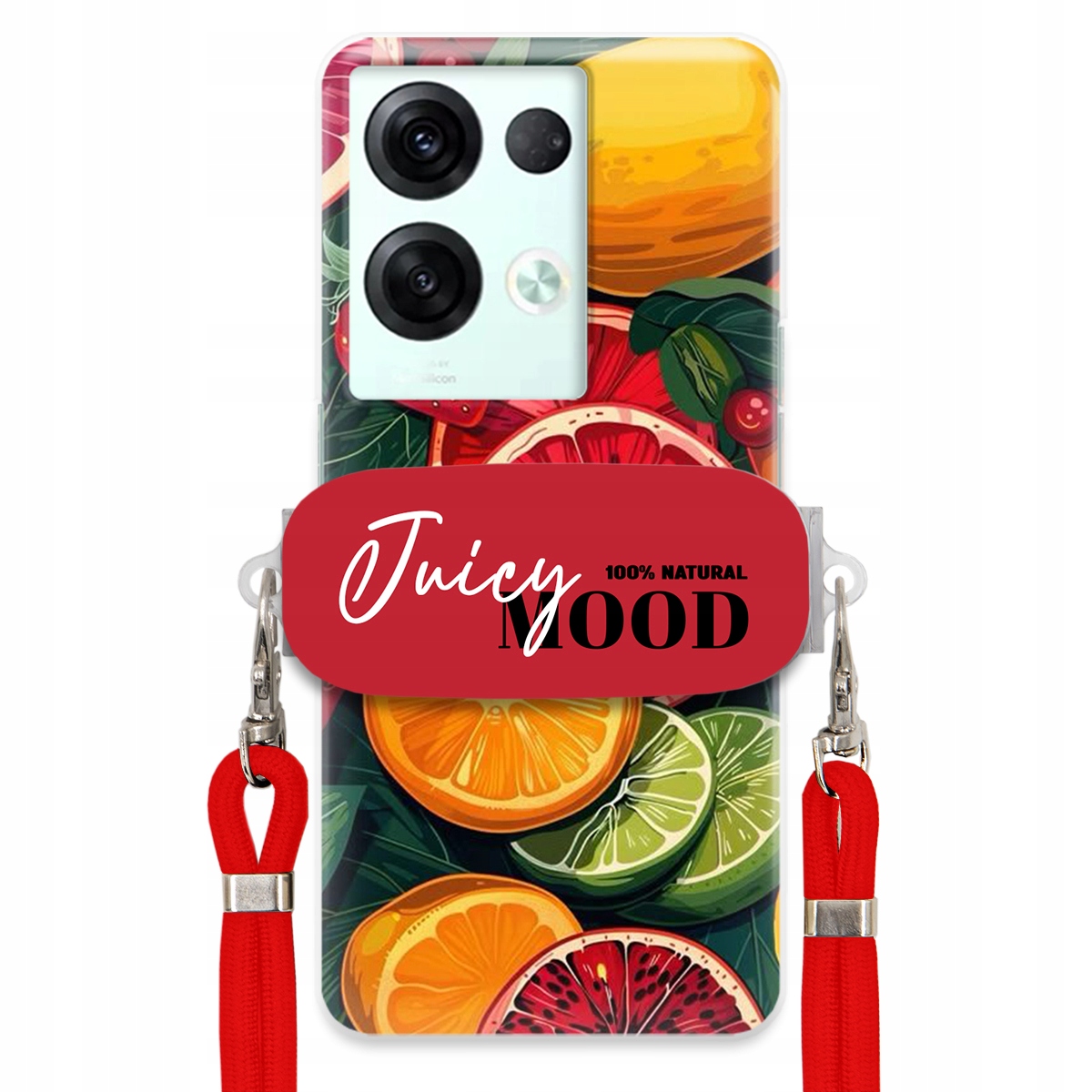 Puzdro pre Oppo Reno 8 Červená Crossbody Vodítko+ Držiak Módne Juice Mood Ovocie
