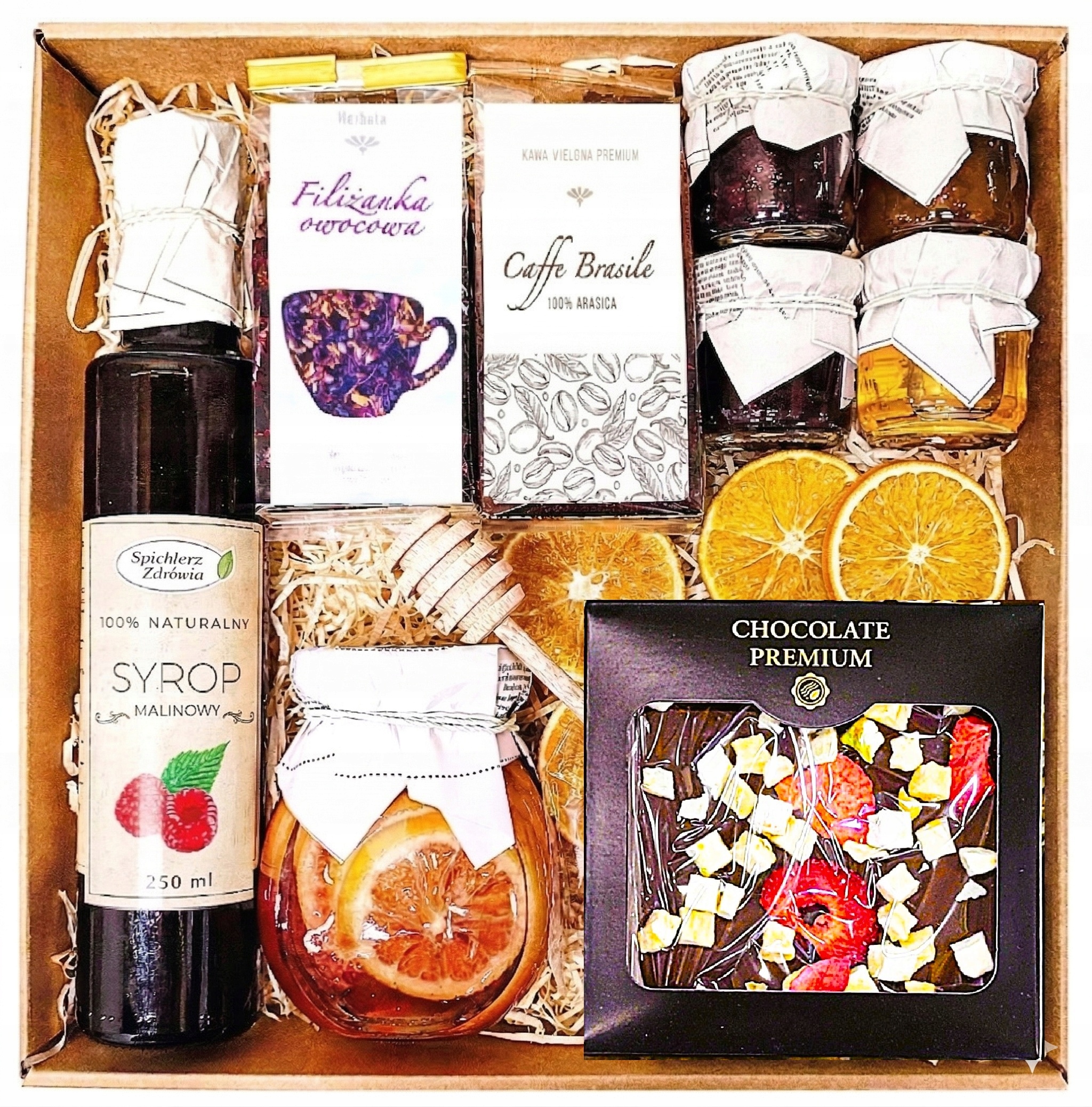 Kosz Prezentowy Upominek Miód Herbata Czekolada Ctryna Syrop Malina