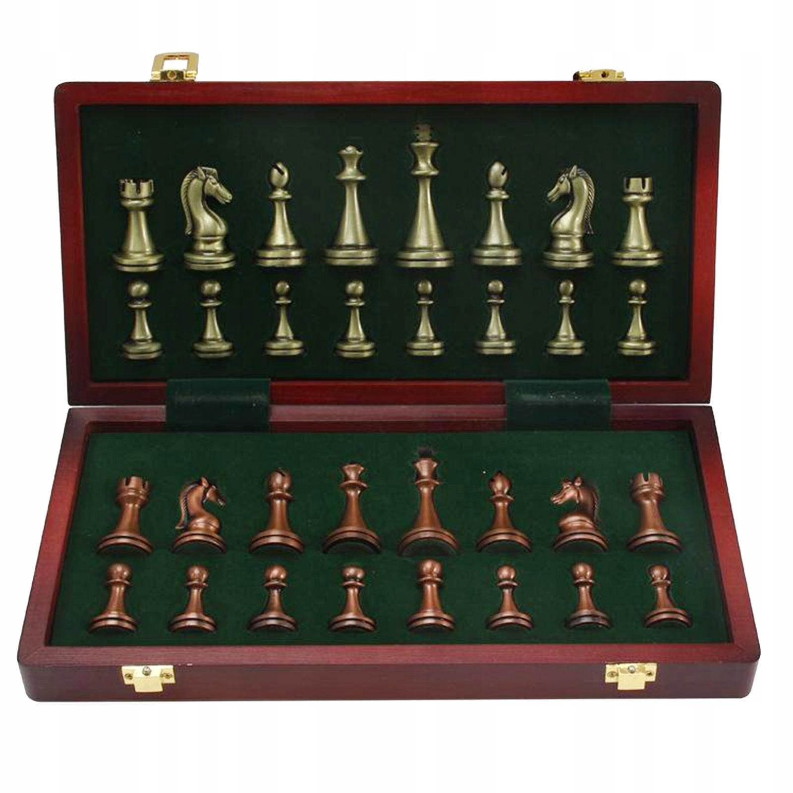 de-Portable Metal Chess Set with Folding Wood Chess Board Pieces Box
