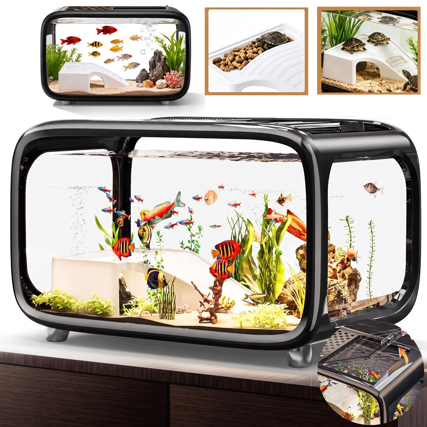 Turtle Tank S Místem Pro Písek A Rostliny, Prodyšný Panoramatický Výhled