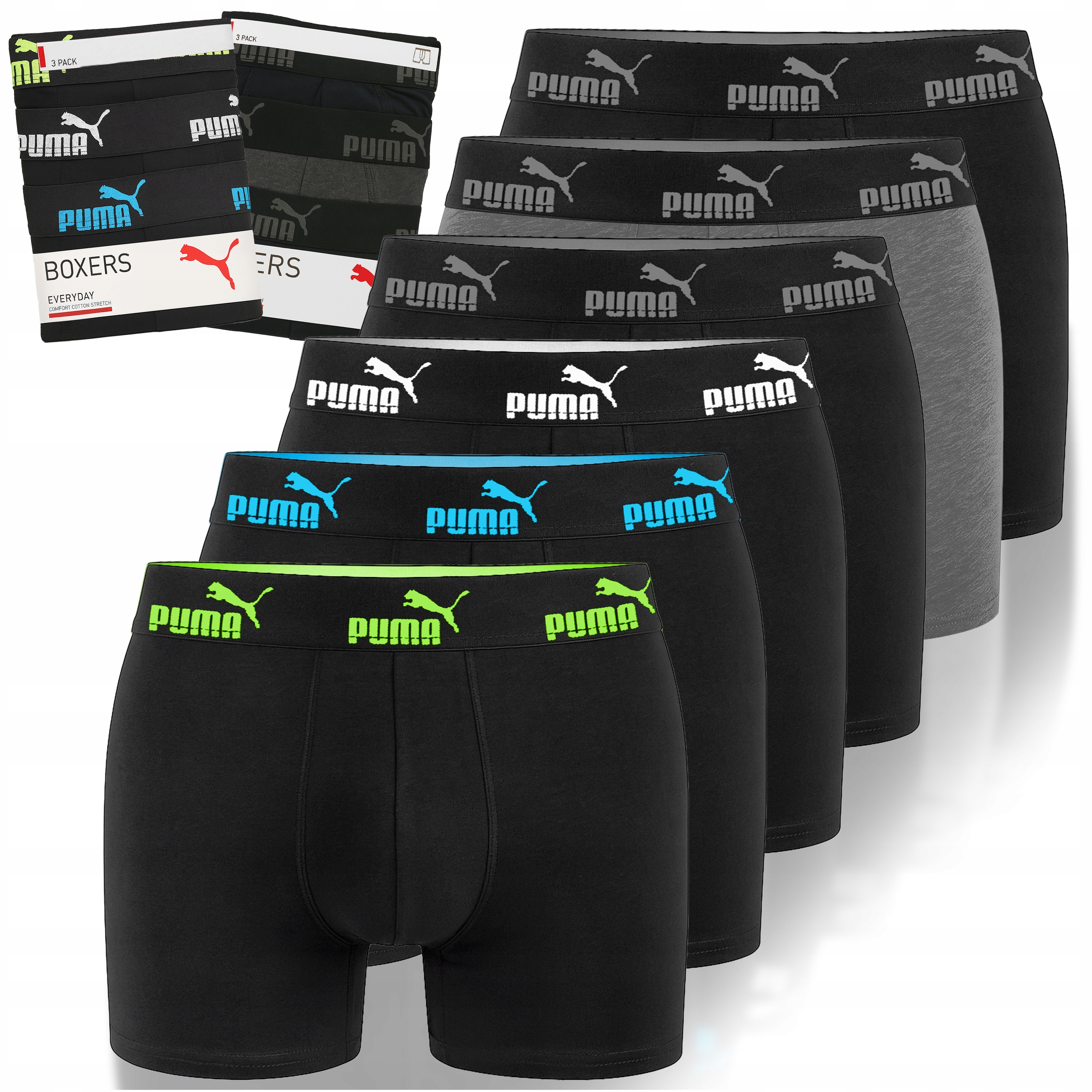 Puma Bokserki Męskie 6 sztuk Majtki Bawełna Black Logo Mix Rozmiar M