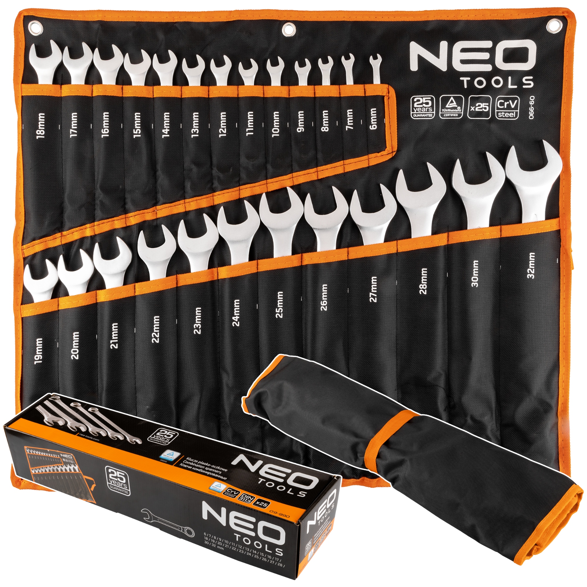 Neo Tools Kľúče ploché 6-32 mm, 25 ks, v plachte, komplet