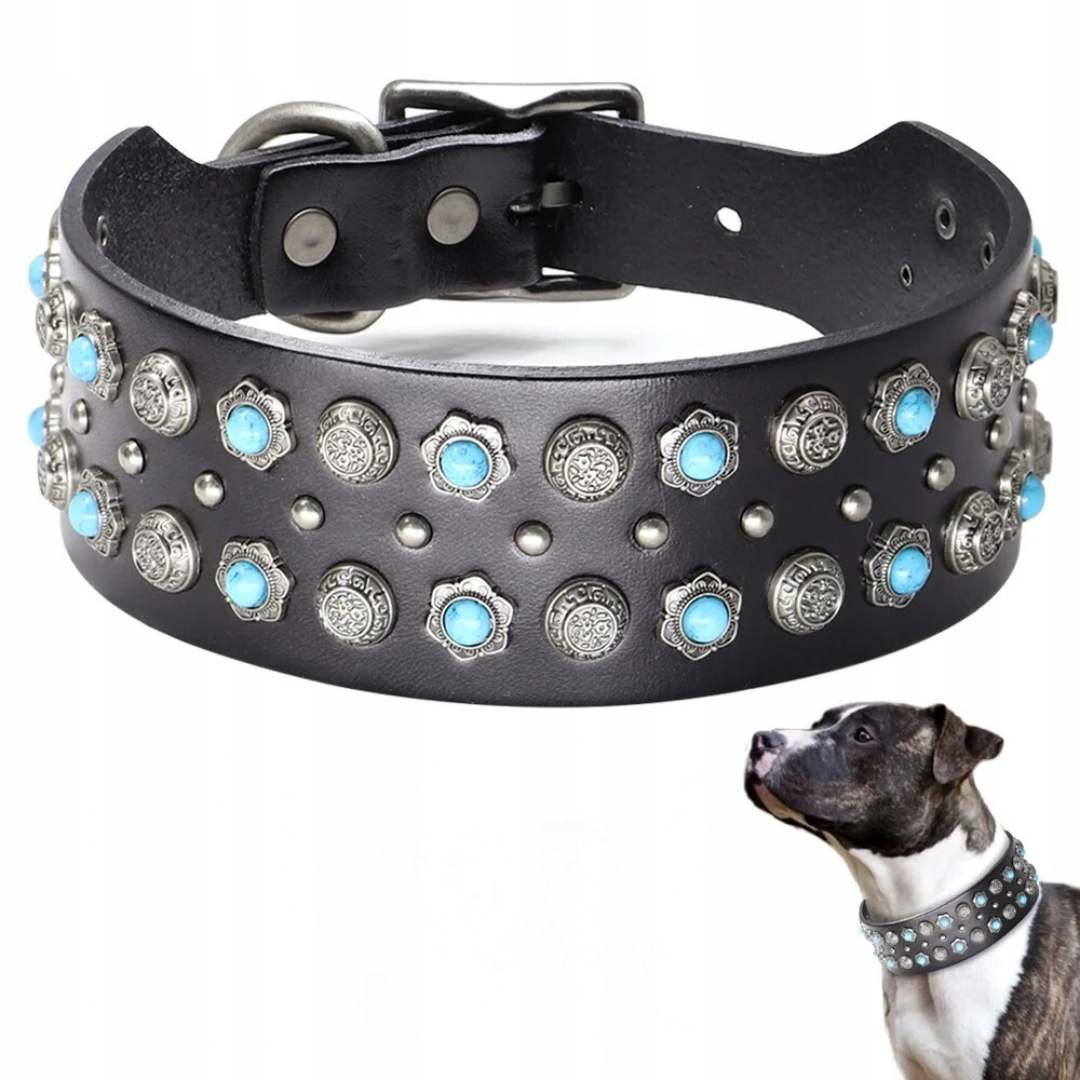 Levně Obojek Kůže pro psa Luxusní Široký Střední Psi Cvočky Buldok Pitbull
