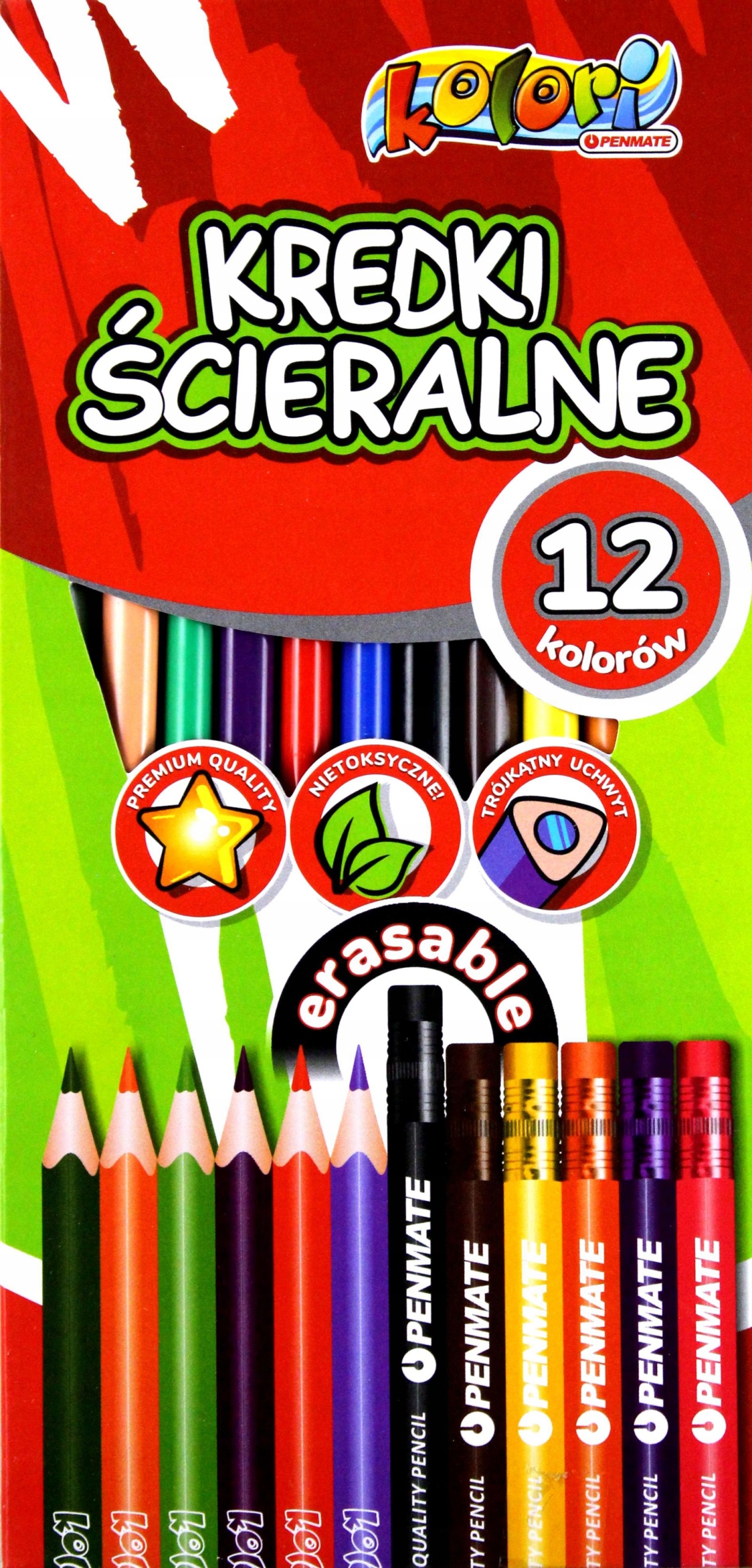 Kredki ŚCIERALNE 12 KOLORÓW KOLORI Z GUMKĄ