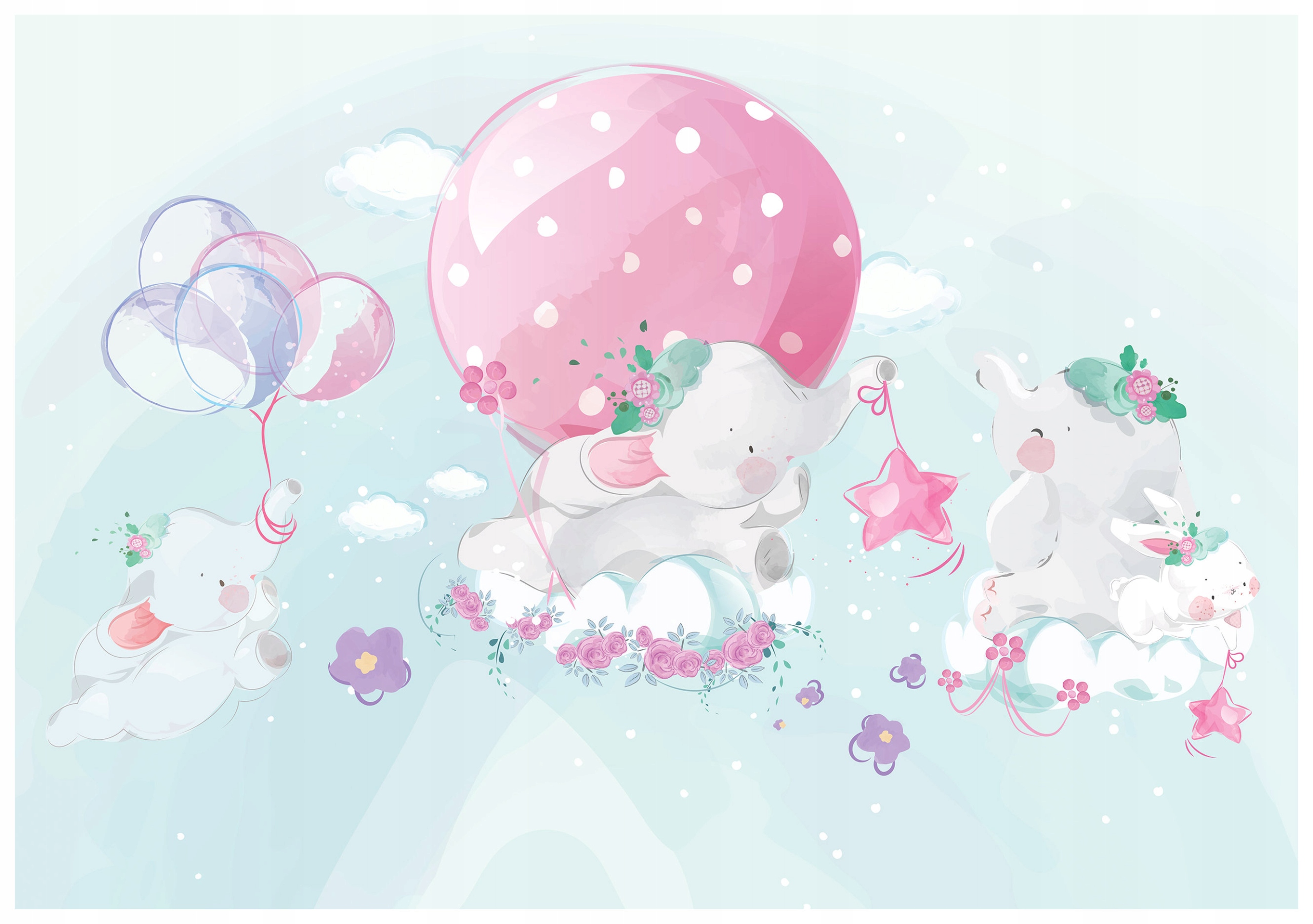 Fototapeta Sloni hvězdy obláčky pastelové nebe balónky 208x146 lepidlo