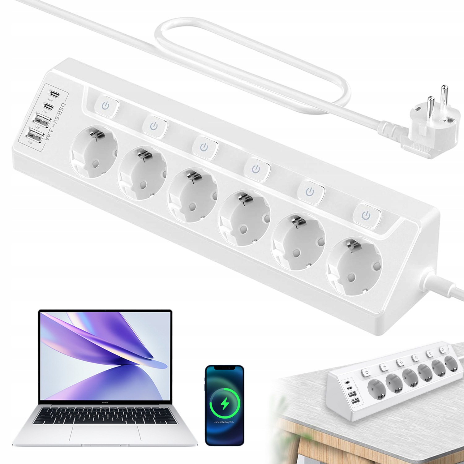 Prodlužovací Kabel Zásuvková Lišta 2 M Proti Přepětí 6 Zásuvek 230 V 4 Usb Bílý